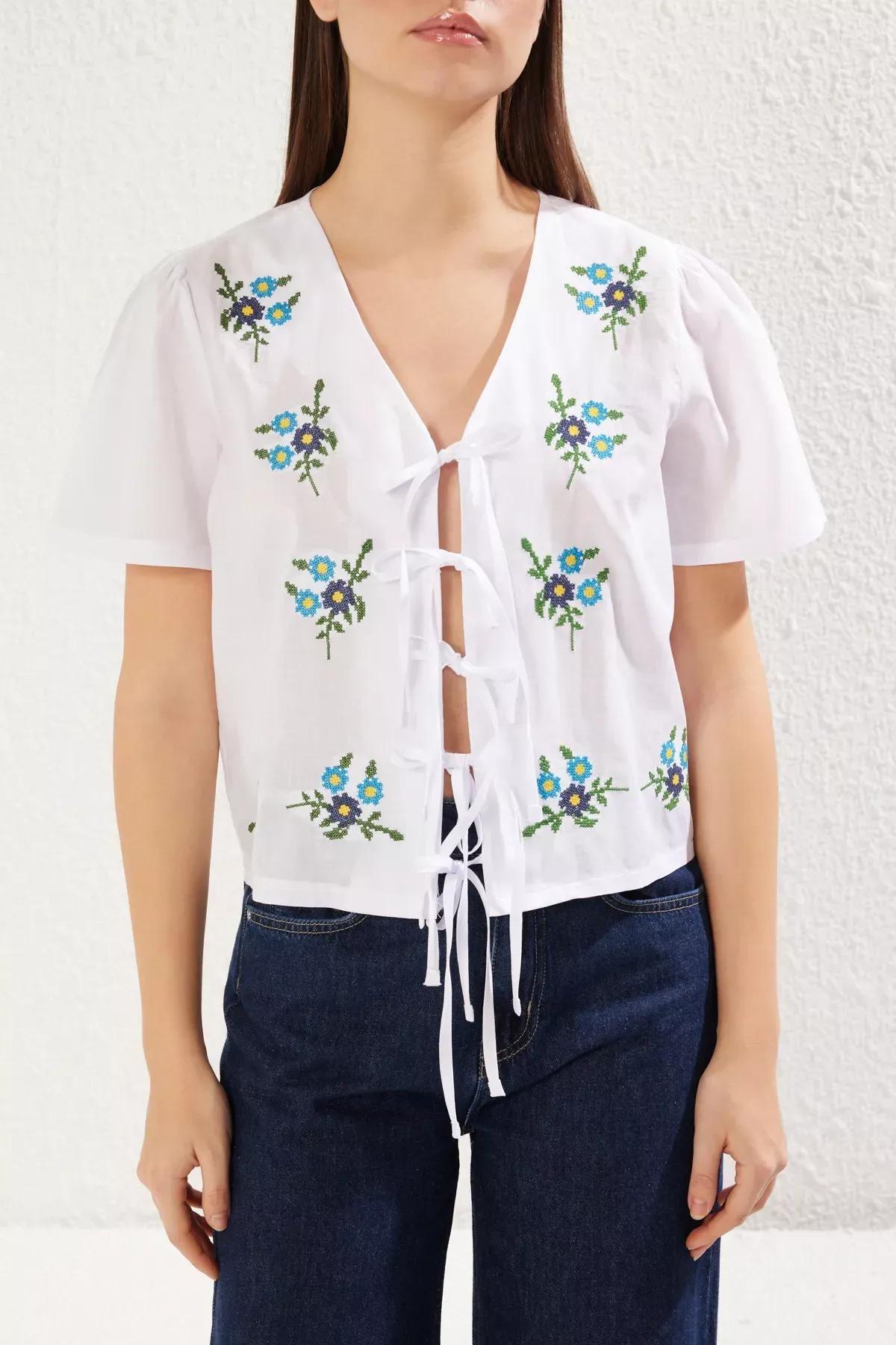 White Embroidery Tie Detail Shirt, White, large image number 4