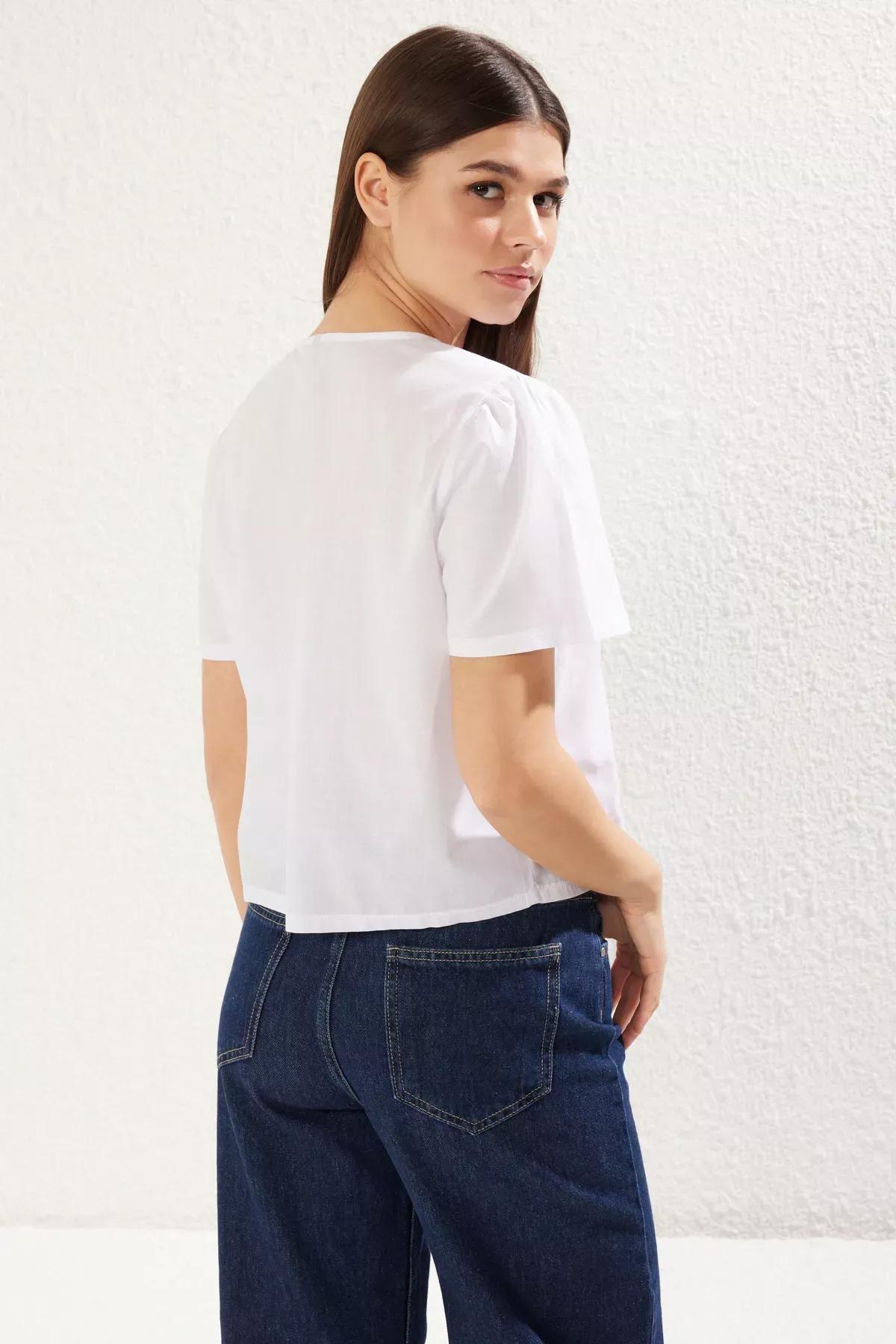 White Embroidery Tie Detail Shirt, White, large image number 5