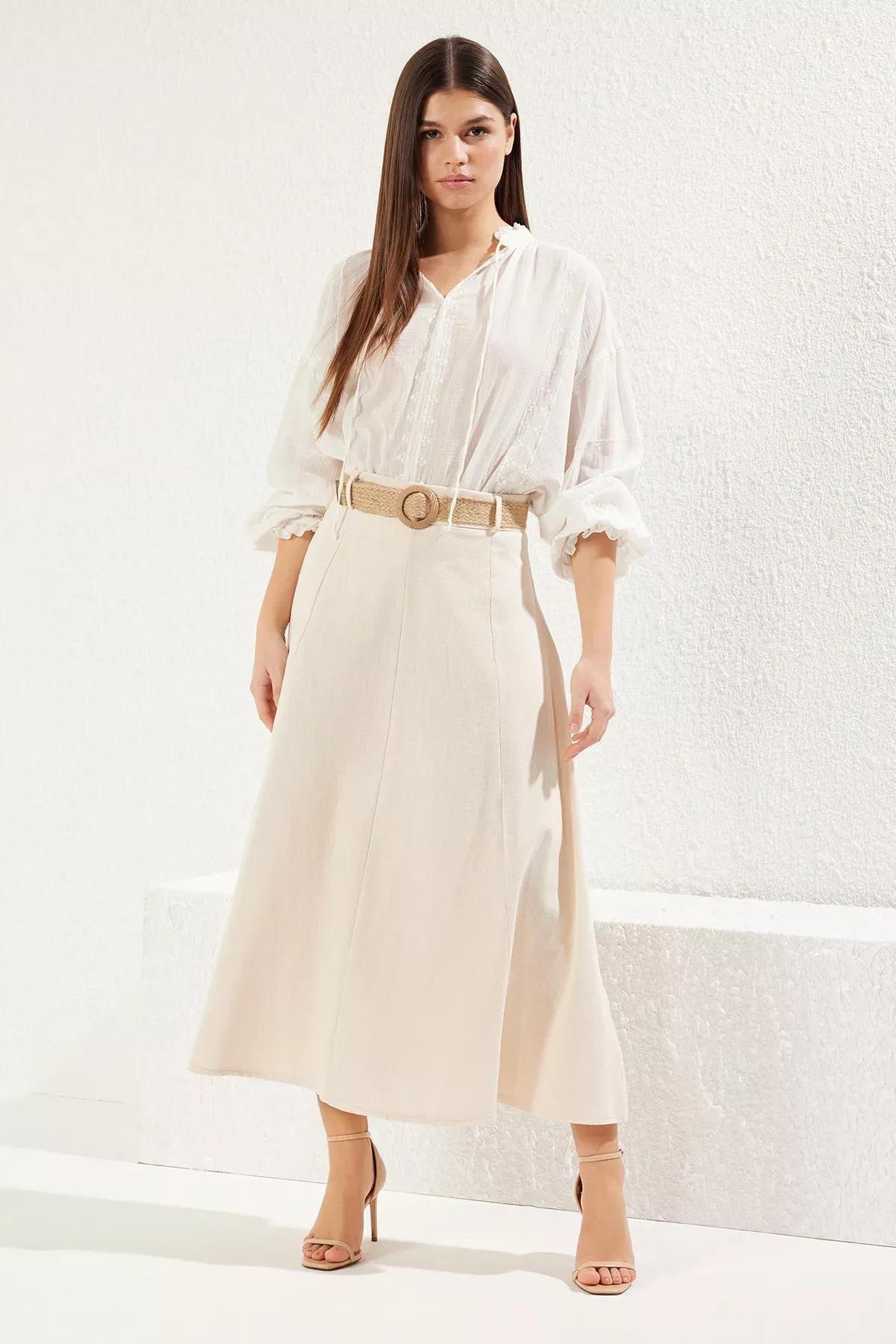 Beige Belted Linen A-Line Skirt, , large image number 0