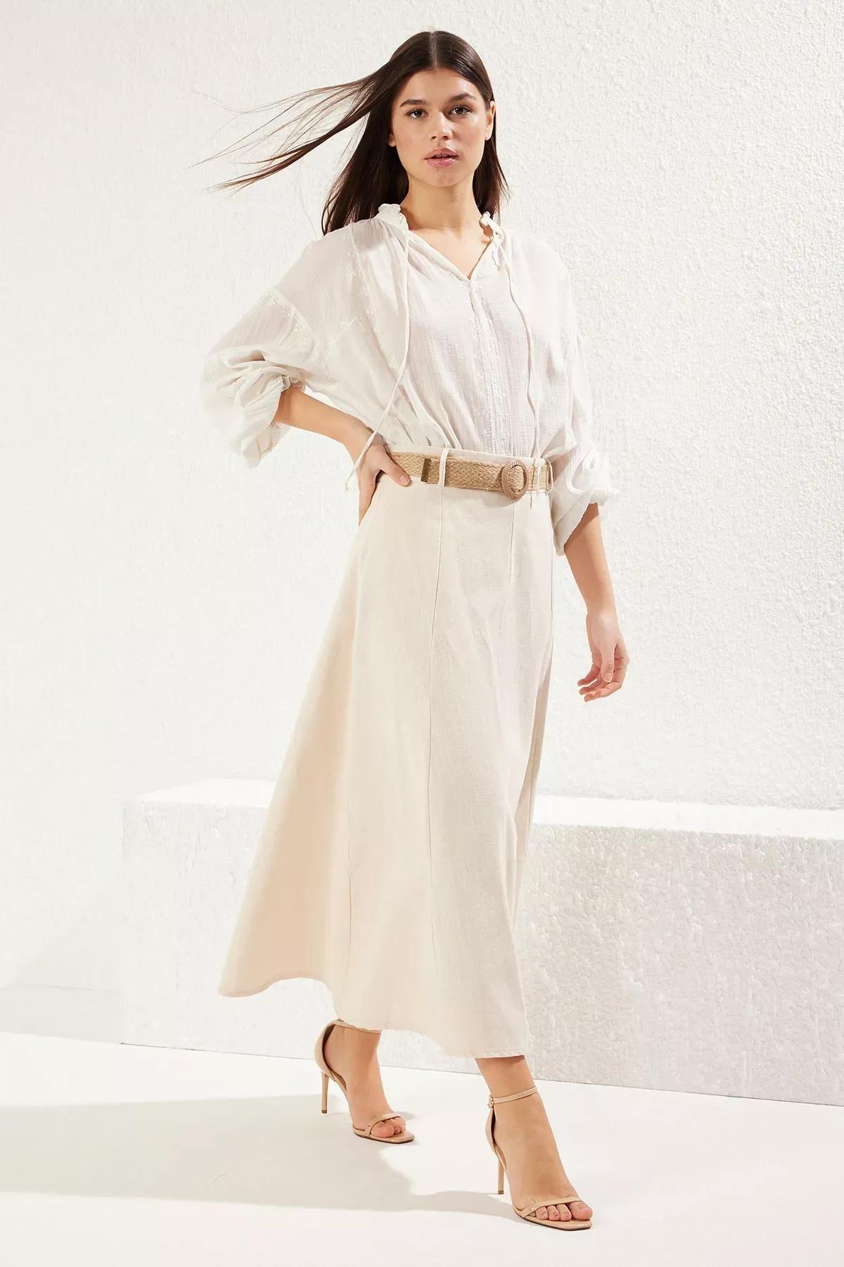 Beige Belted Linen A-Line Skirt, , large image number 1