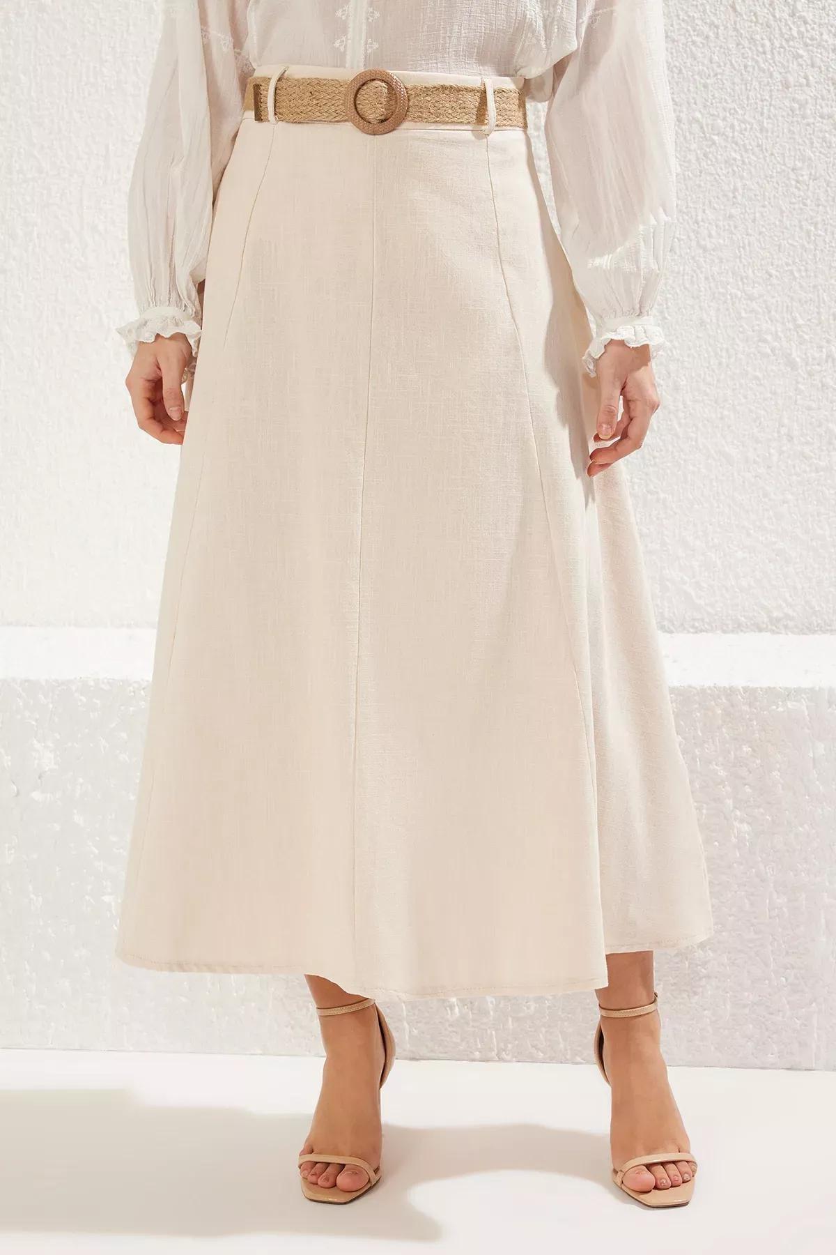 Beige Belted Linen A-Line Skirt, , large image number 2