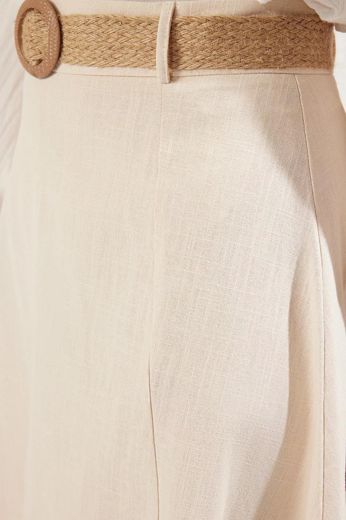 Beige Belted Linen A-Line Skirt, , large image number 3