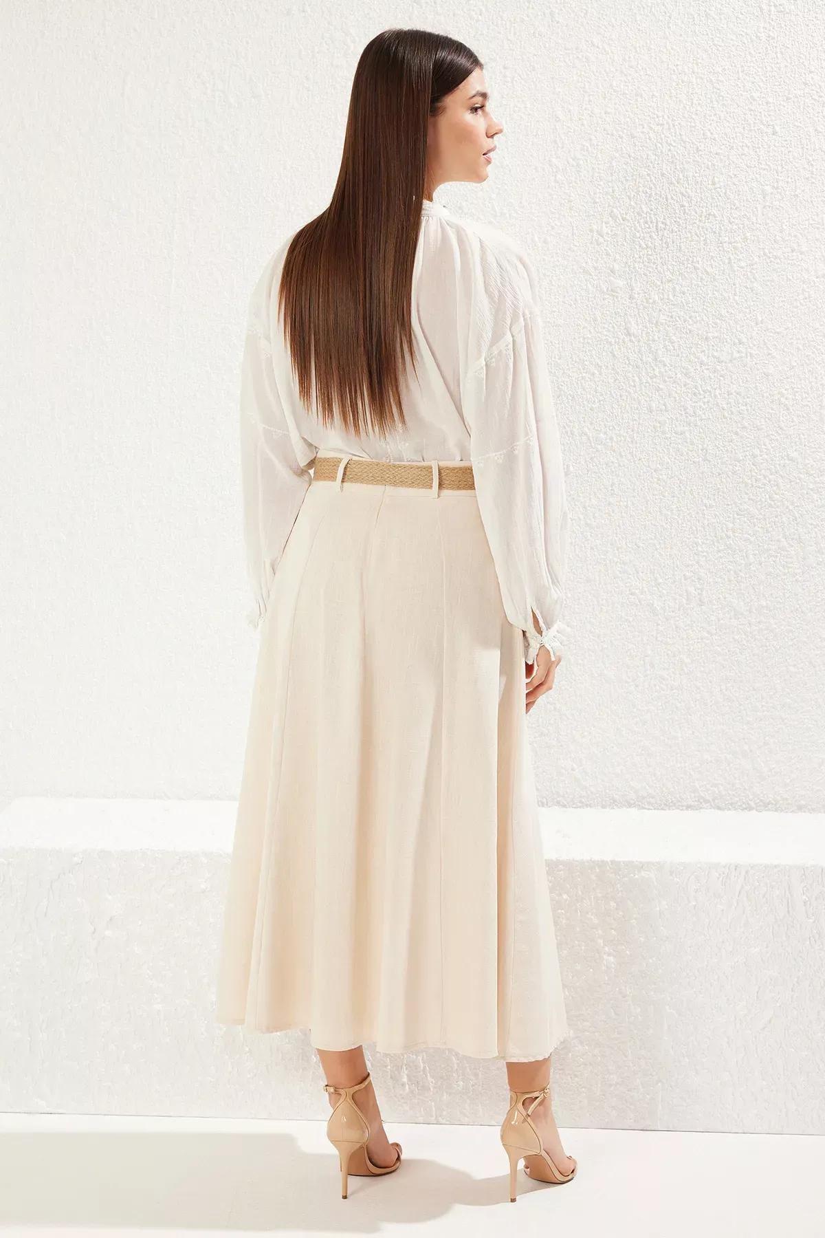 Beige Belted Linen A-Line Skirt, , large image number 4