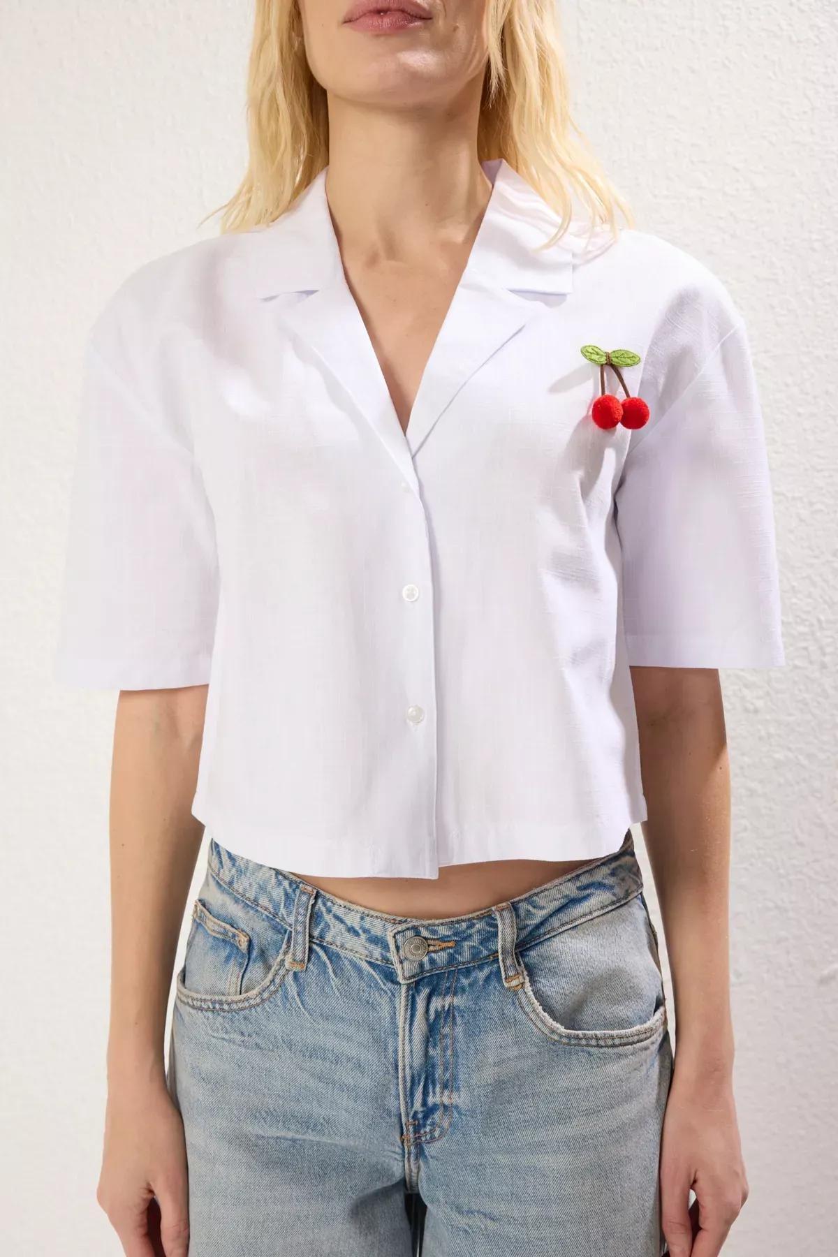 White Cherry Detail Woven Shirt, White, large image number 3