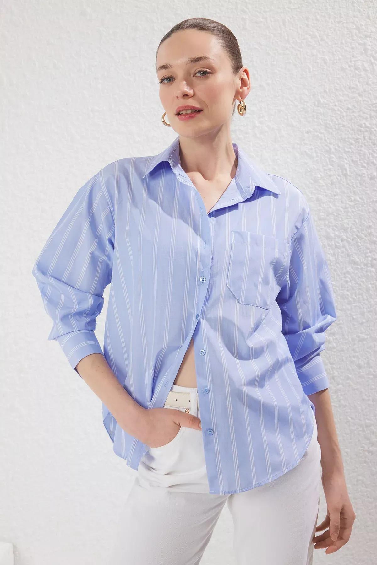 Blue Striped Bustier Woven Shirt, , large image number 2
