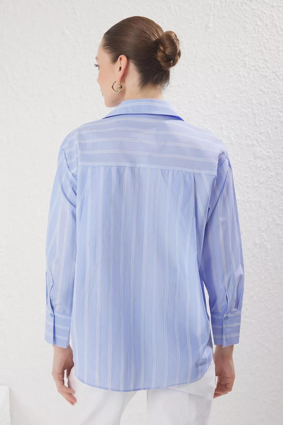 Blue Striped Bustier Woven Shirt, , large image number 3