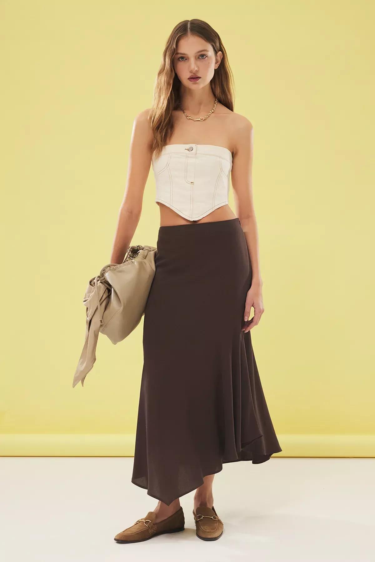 تنورة طويلة بقصة غير متماثلة، بني, Dark brown, medium