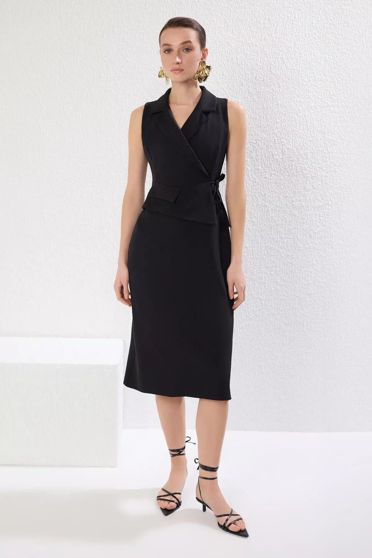 Black A-Line Collared Midi Woven Dress, , large image number 0