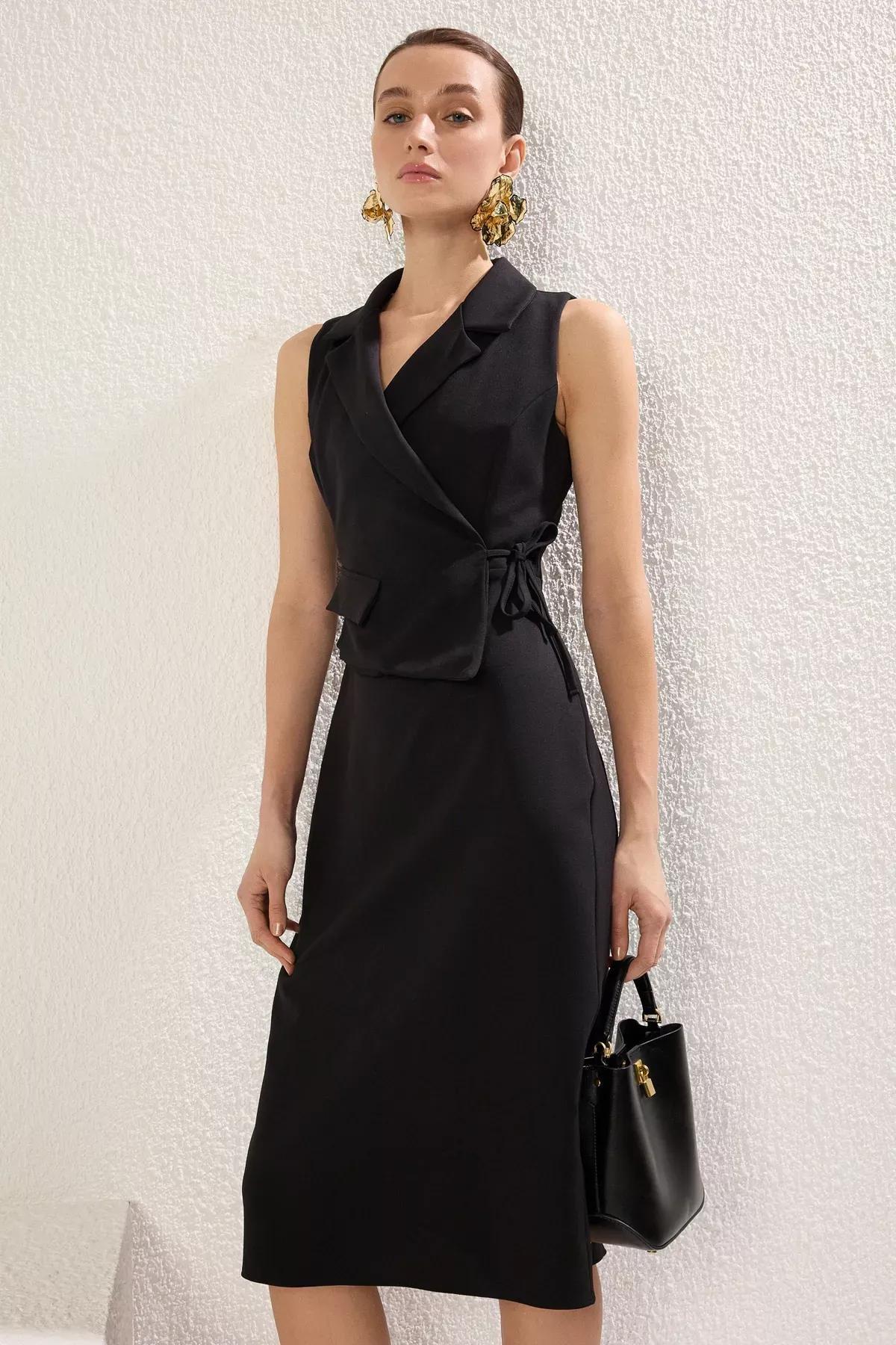 Black A-Line Collared Midi Woven Dress, , large image number 1