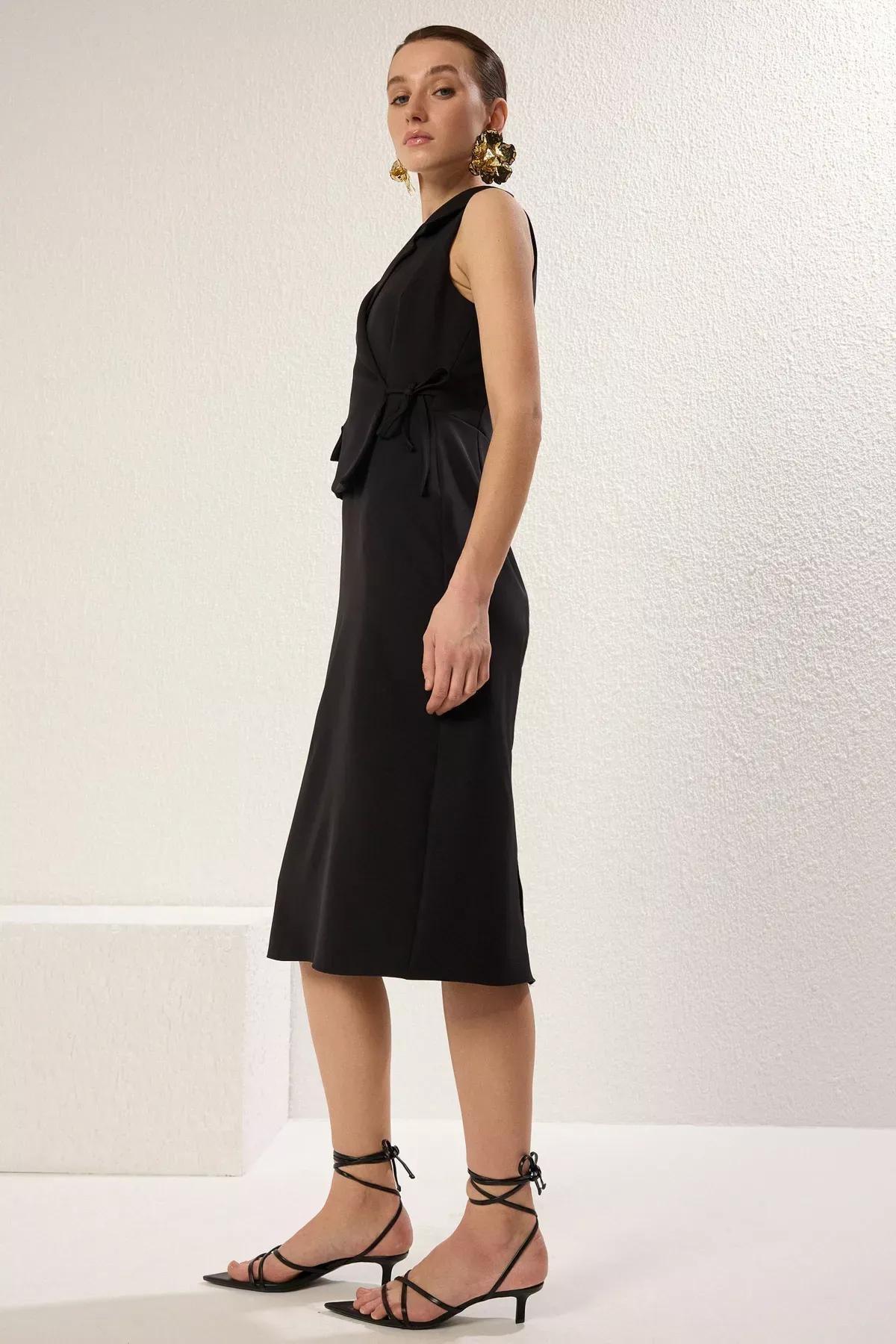Black A-Line Collared Midi Woven Dress, , large image number 2