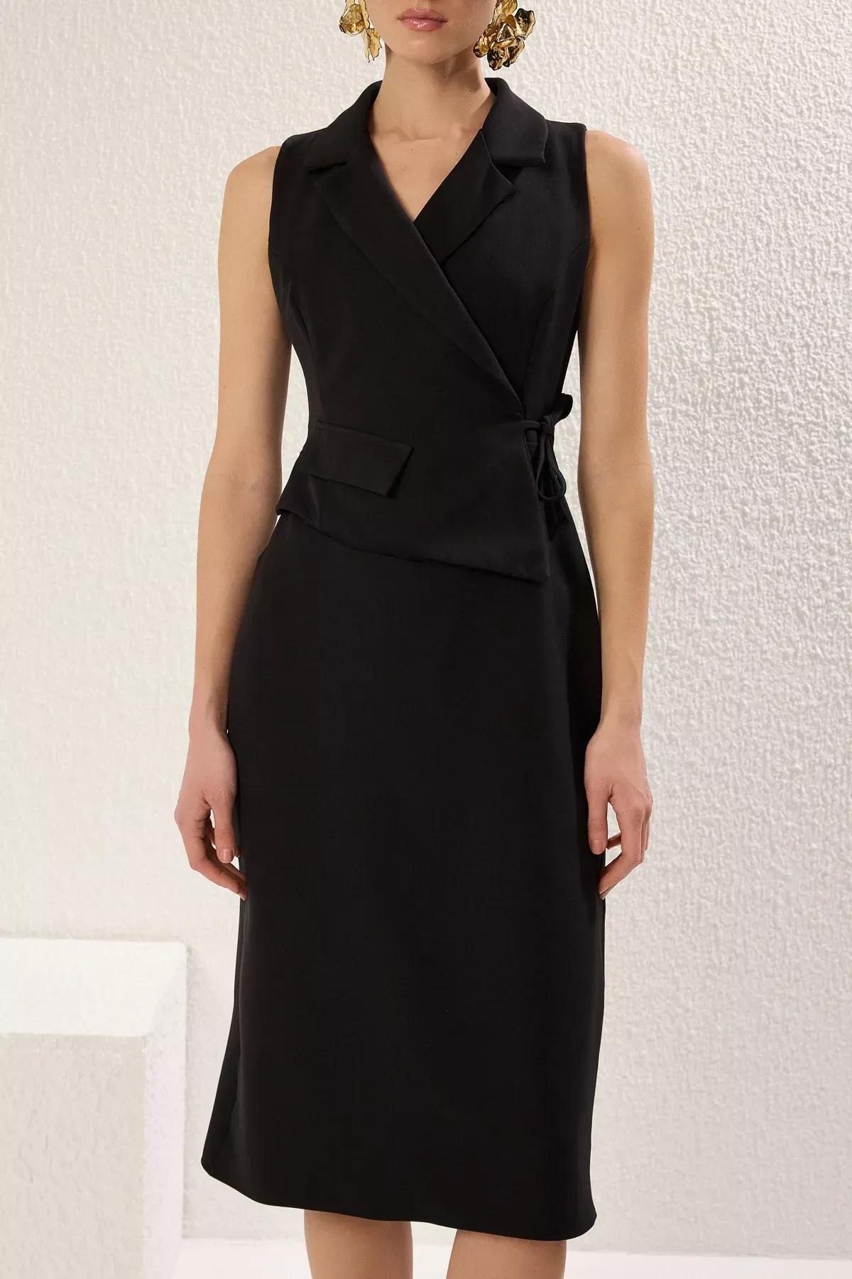 Black A-Line Collared Midi Woven Dress, , large image number 3