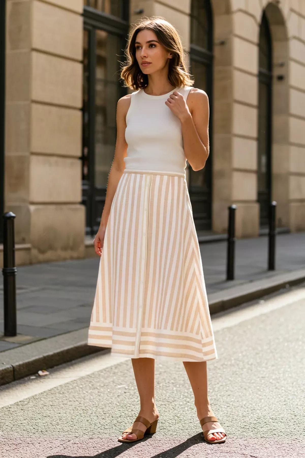 Beige Button Detailed A-Line Skirt, Beige, medium