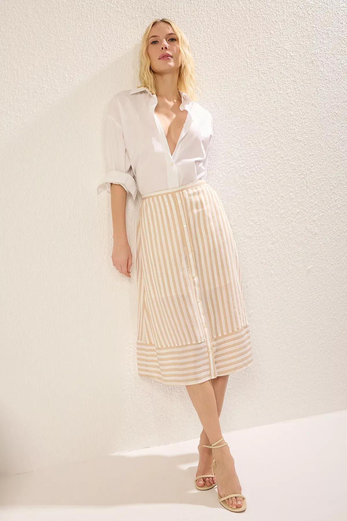 Beige Button Detailed A-Line Skirt, Beige, medium