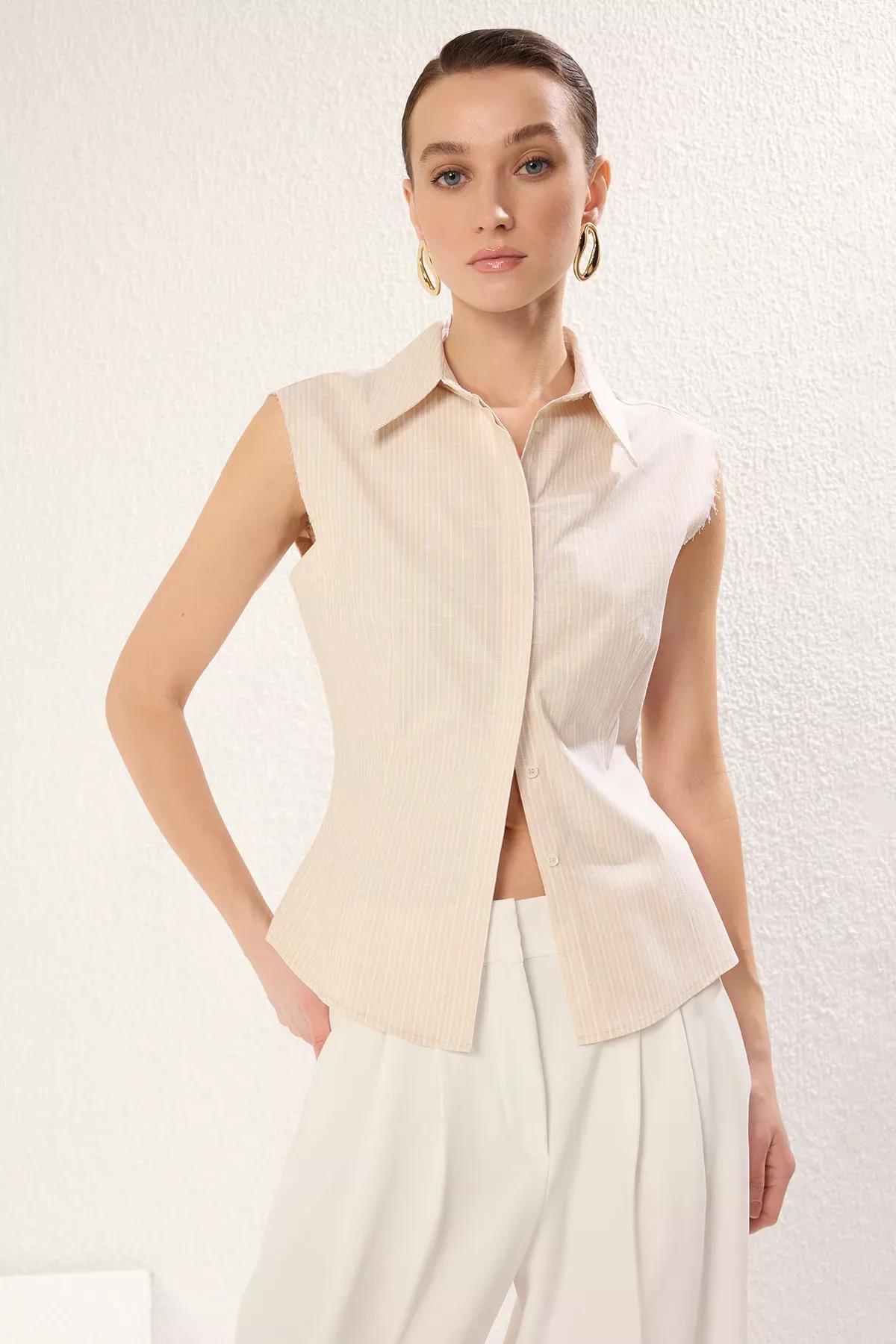 Beige Sleeveless Striped Shirt, , large image number 0