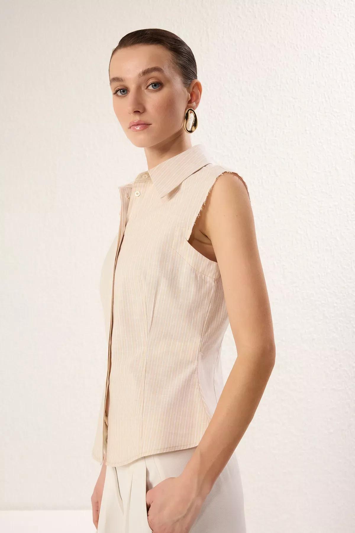 Beige Sleeveless Striped Shirt, , large image number 1