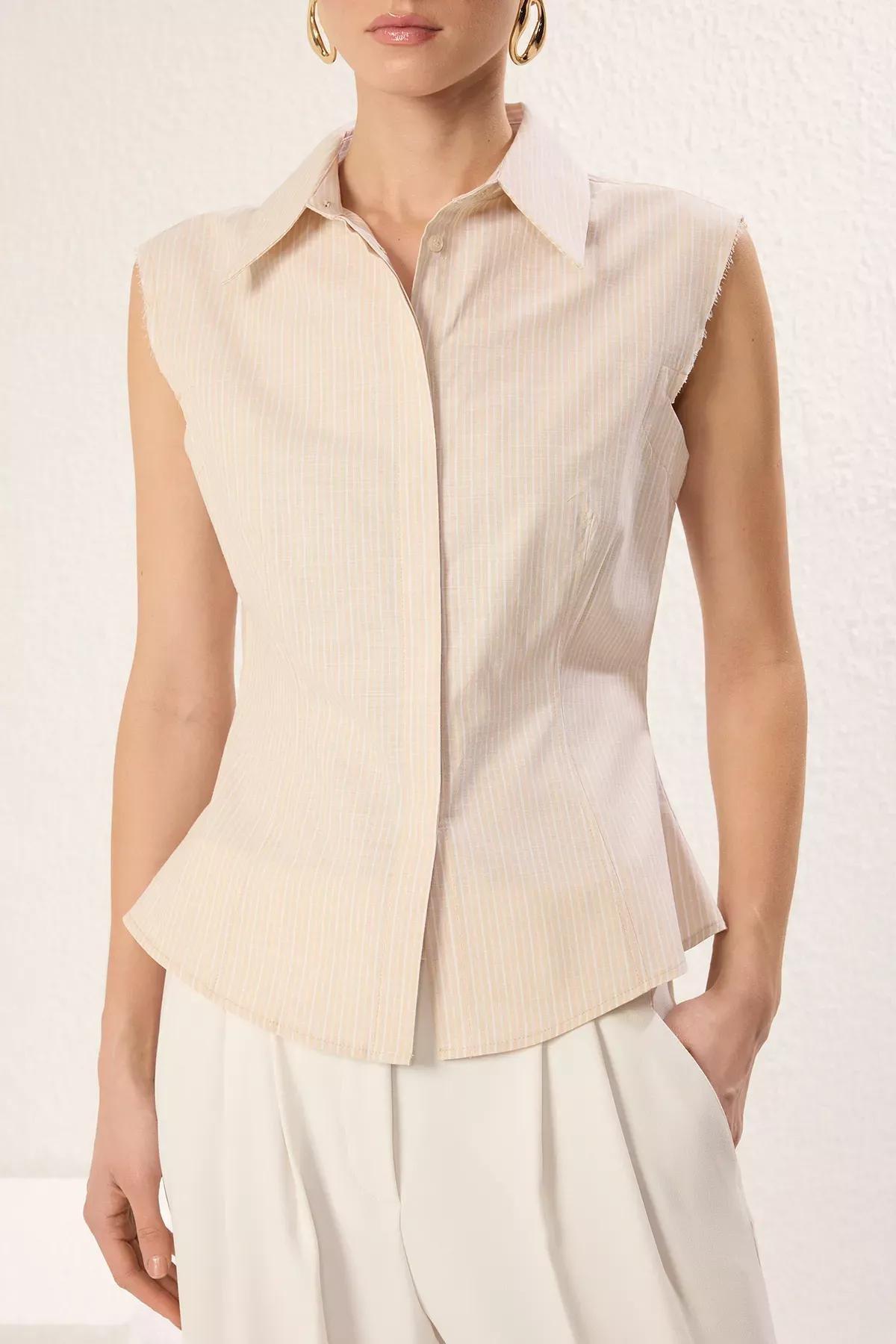 Beige Sleeveless Striped Shirt, , large image number 2