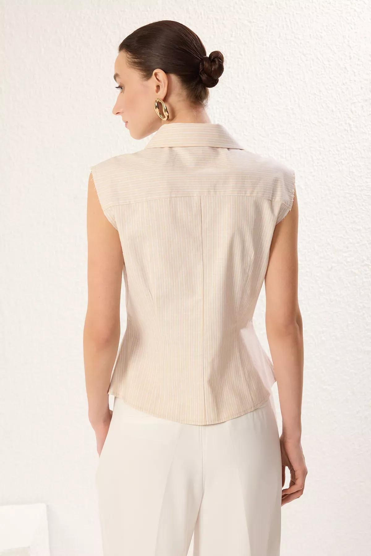Beige Sleeveless Striped Shirt, , large image number 4