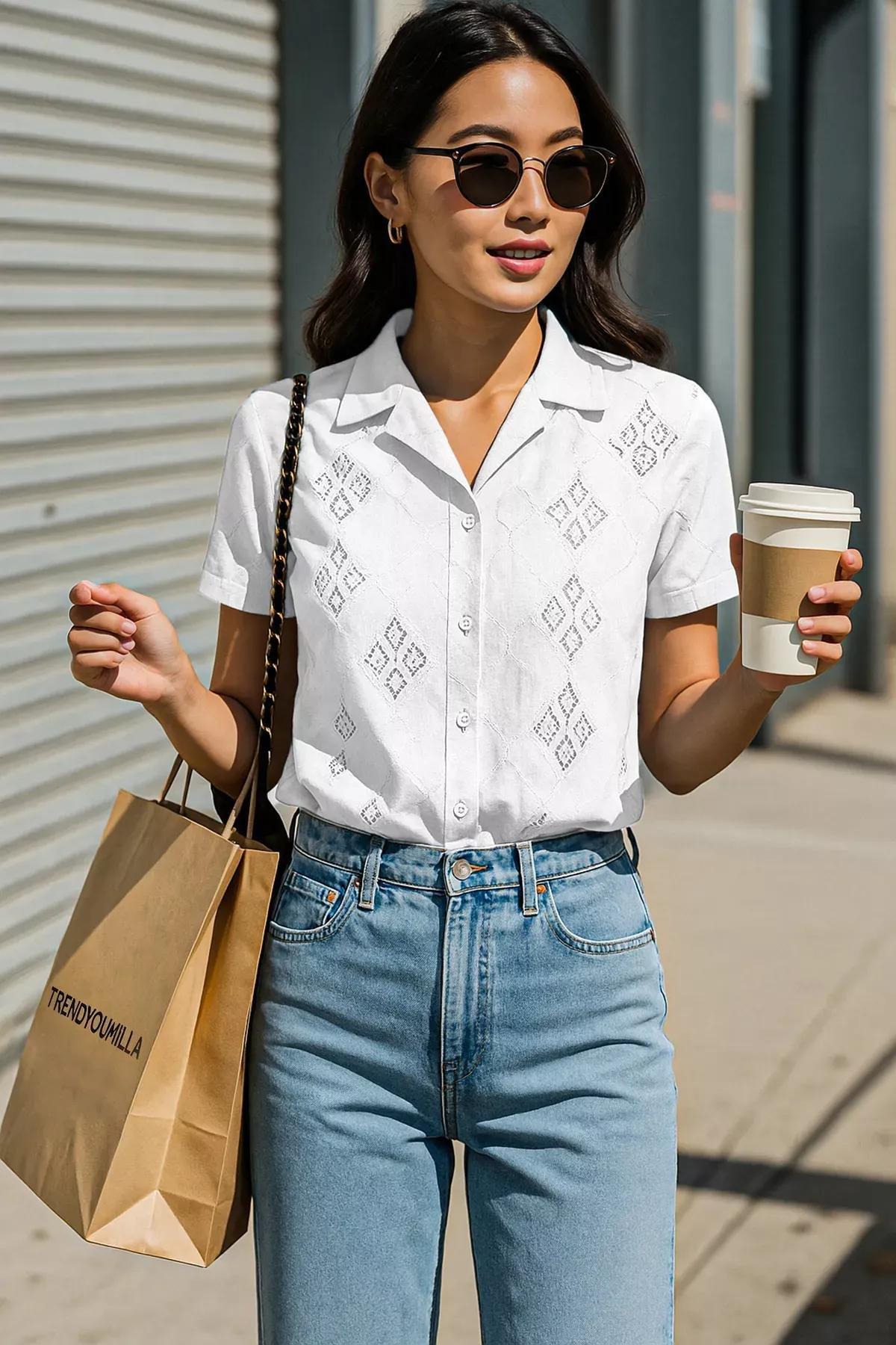 White Embroidered Regular Crop Shirt, White, large image number 1