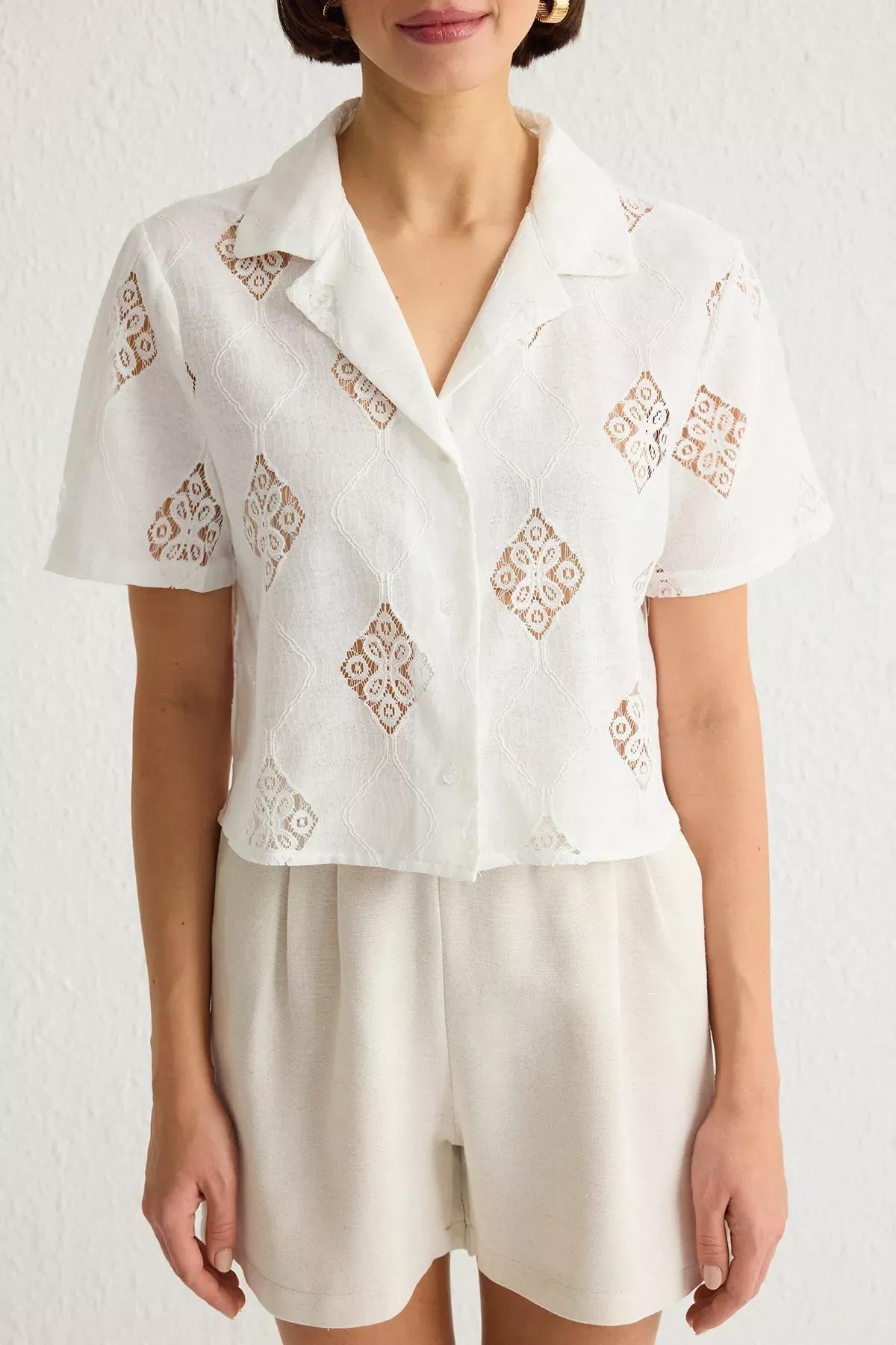 White Embroidered Regular Crop Shirt, White, large image number 3