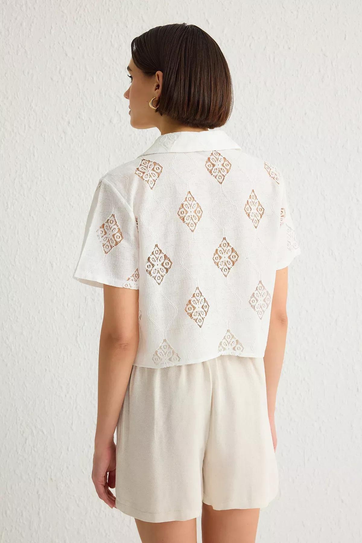 White Embroidered Regular Crop Shirt, White, large image number 4