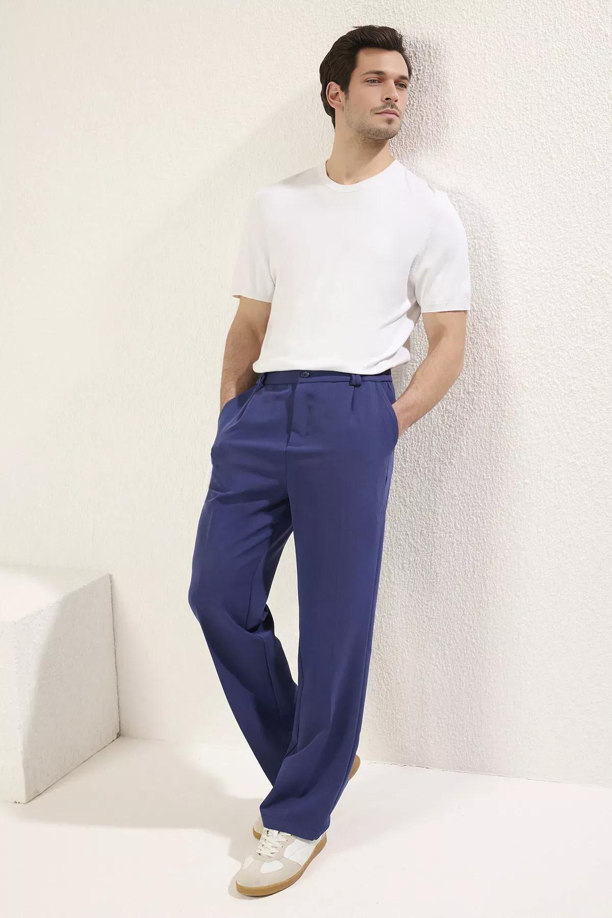 Blue Wideleg Relaxed Fit Trousers, , large image number 1