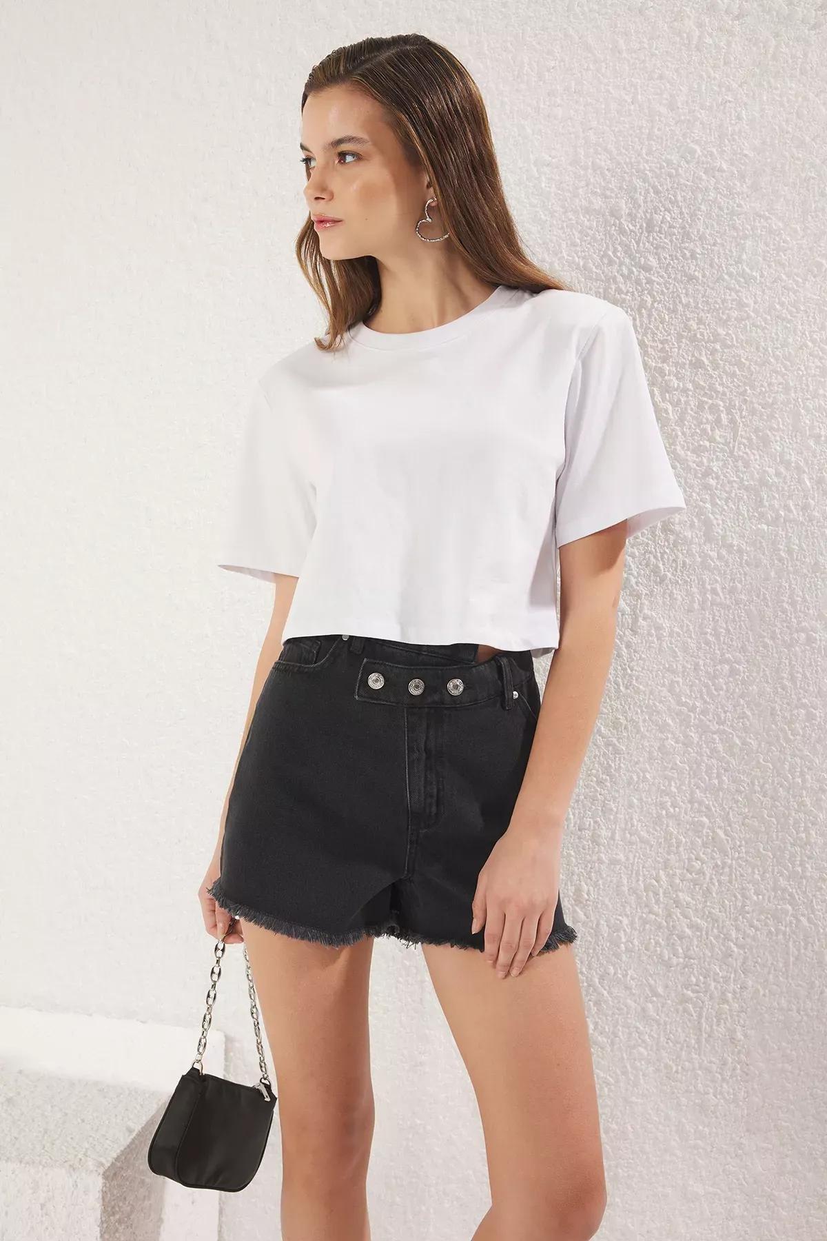 Black Ripped Denim Shorts, , large image number 0