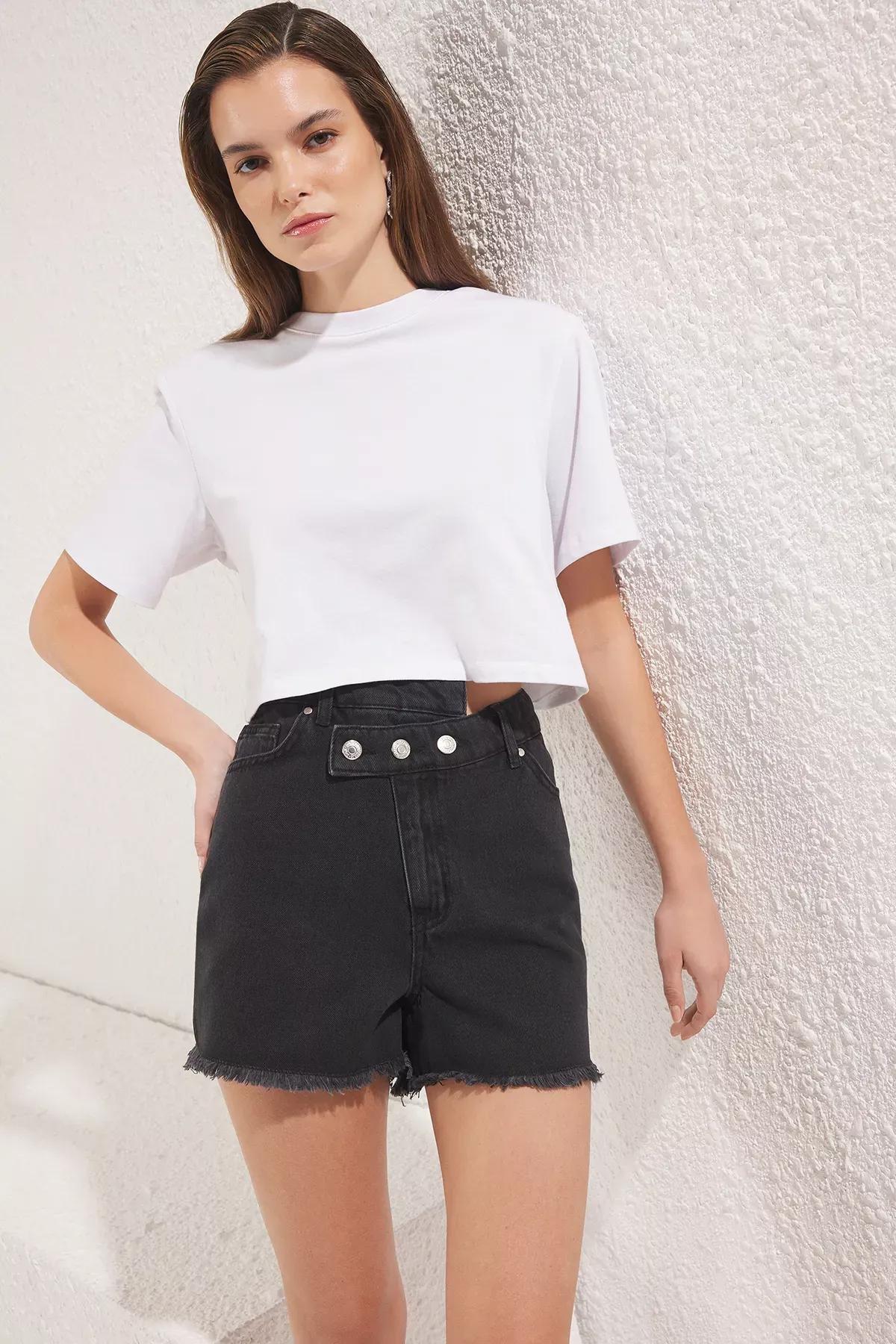 Black Ripped Denim Shorts, , large image number 1