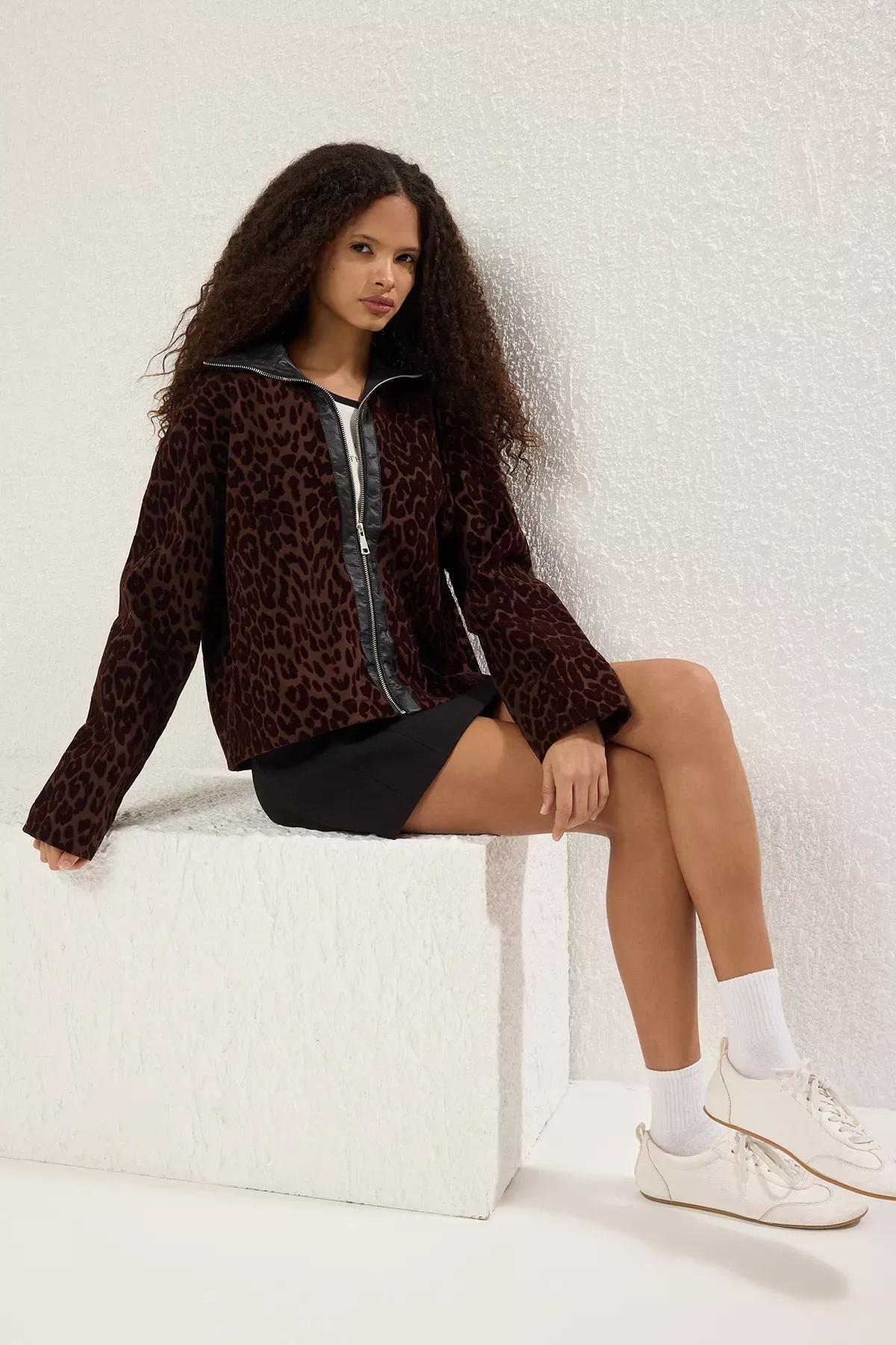 Brown Leopard Jacket Coat, Brown, large image number 0