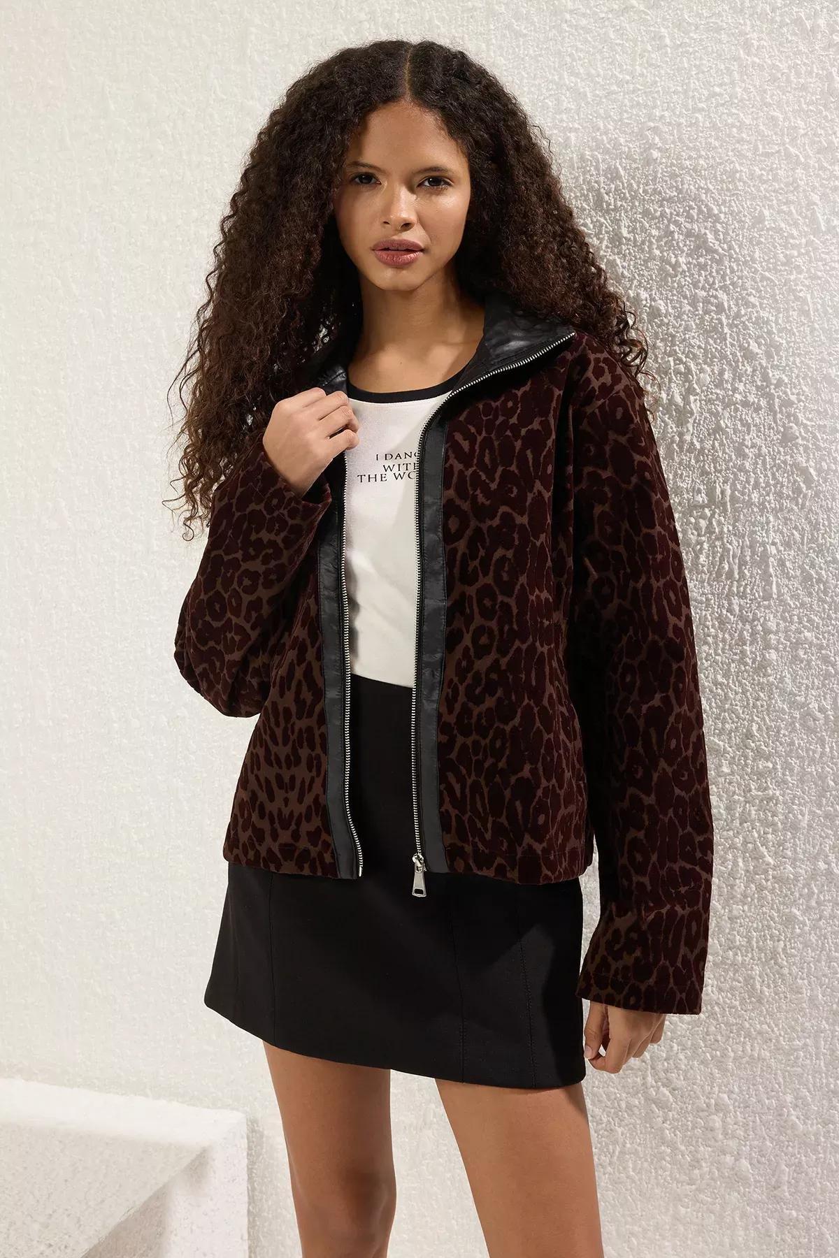 Brown Leopard Jacket Coat, Brown, large image number 1