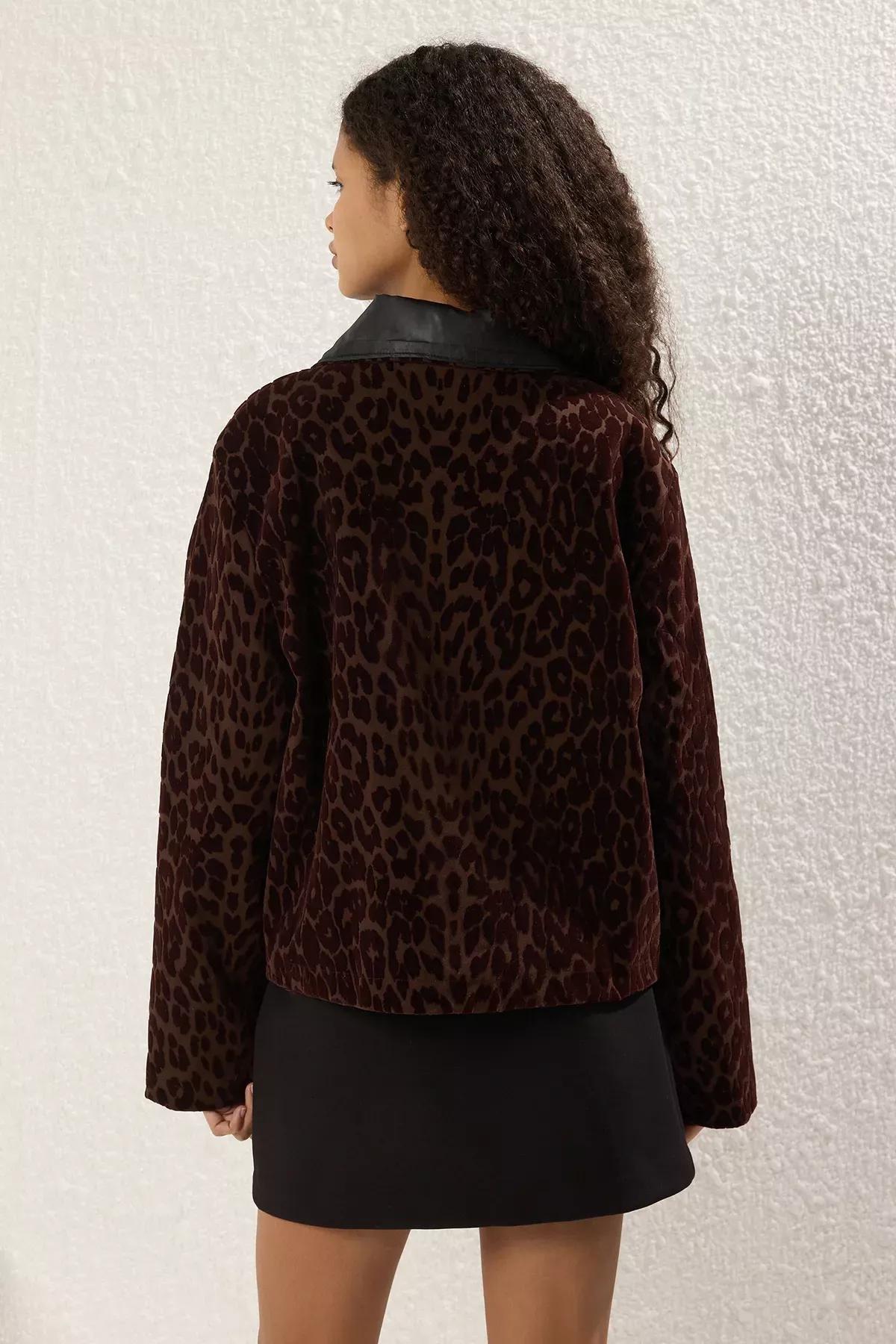 Brown Leopard Jacket Coat, Brown, large image number 3