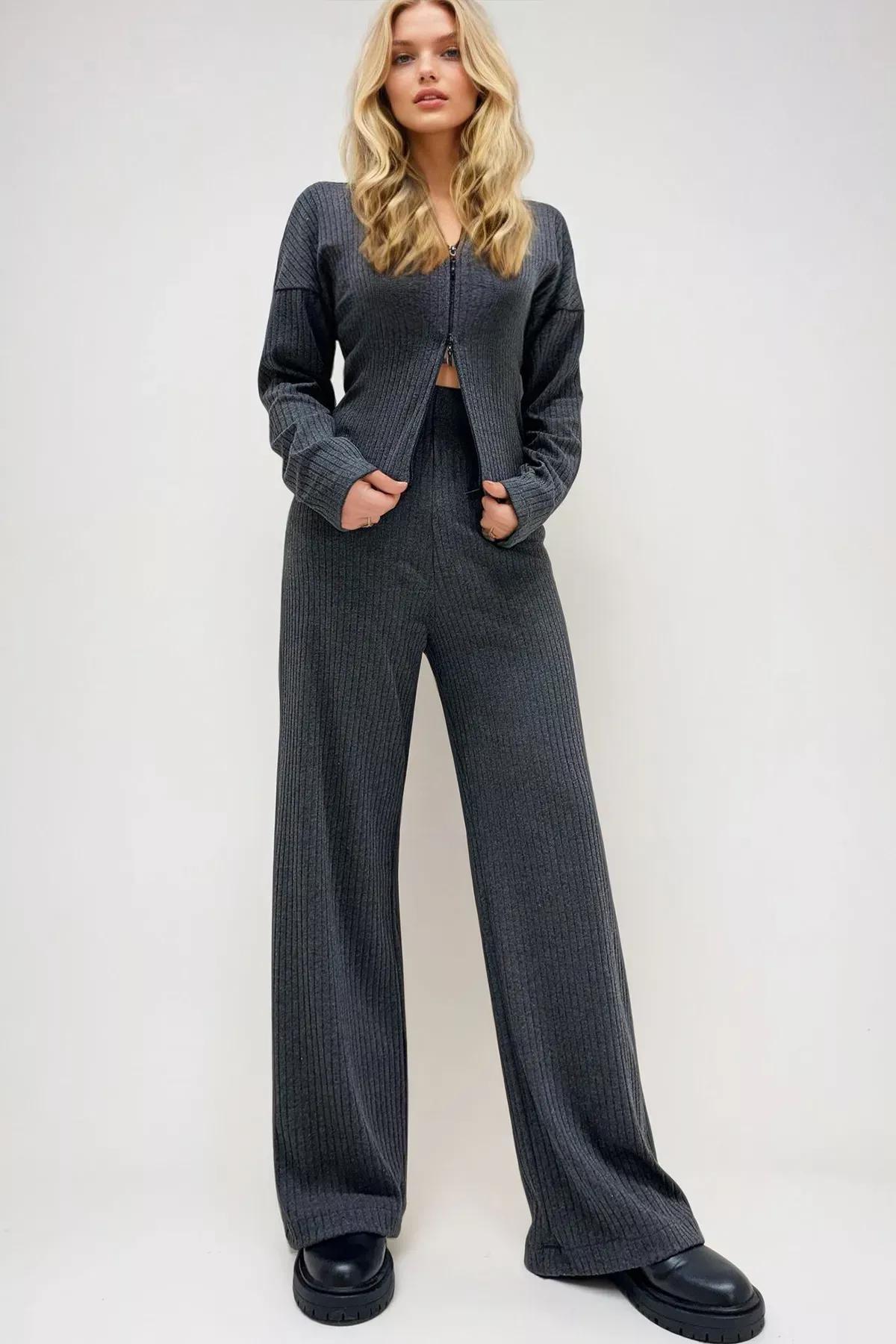 Grey Stand Collar Double-Sided Zippered Co-Ord Set, , large image number 0