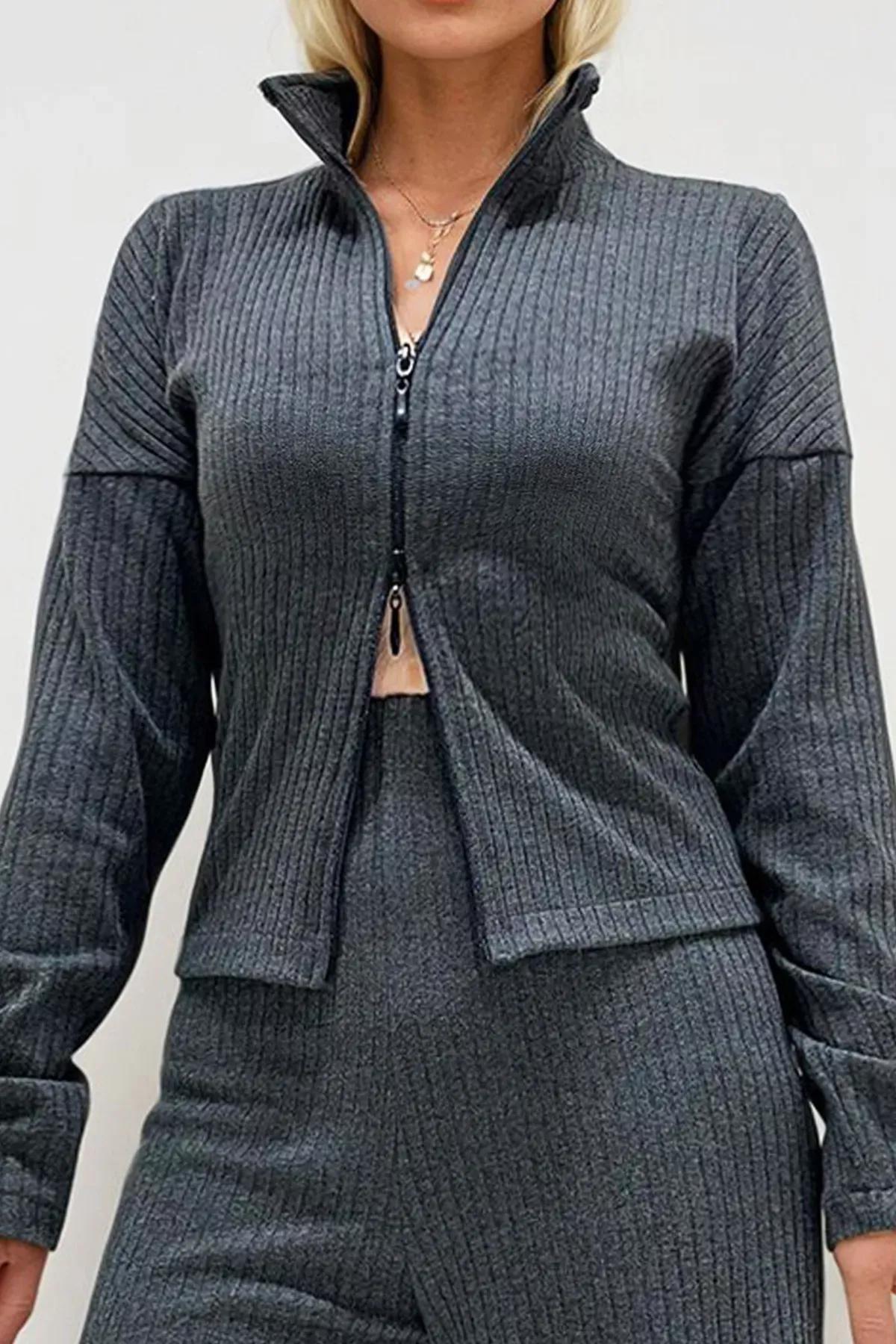 Grey Stand Collar Double-Sided Zippered Co-Ord Set, , large image number 2
