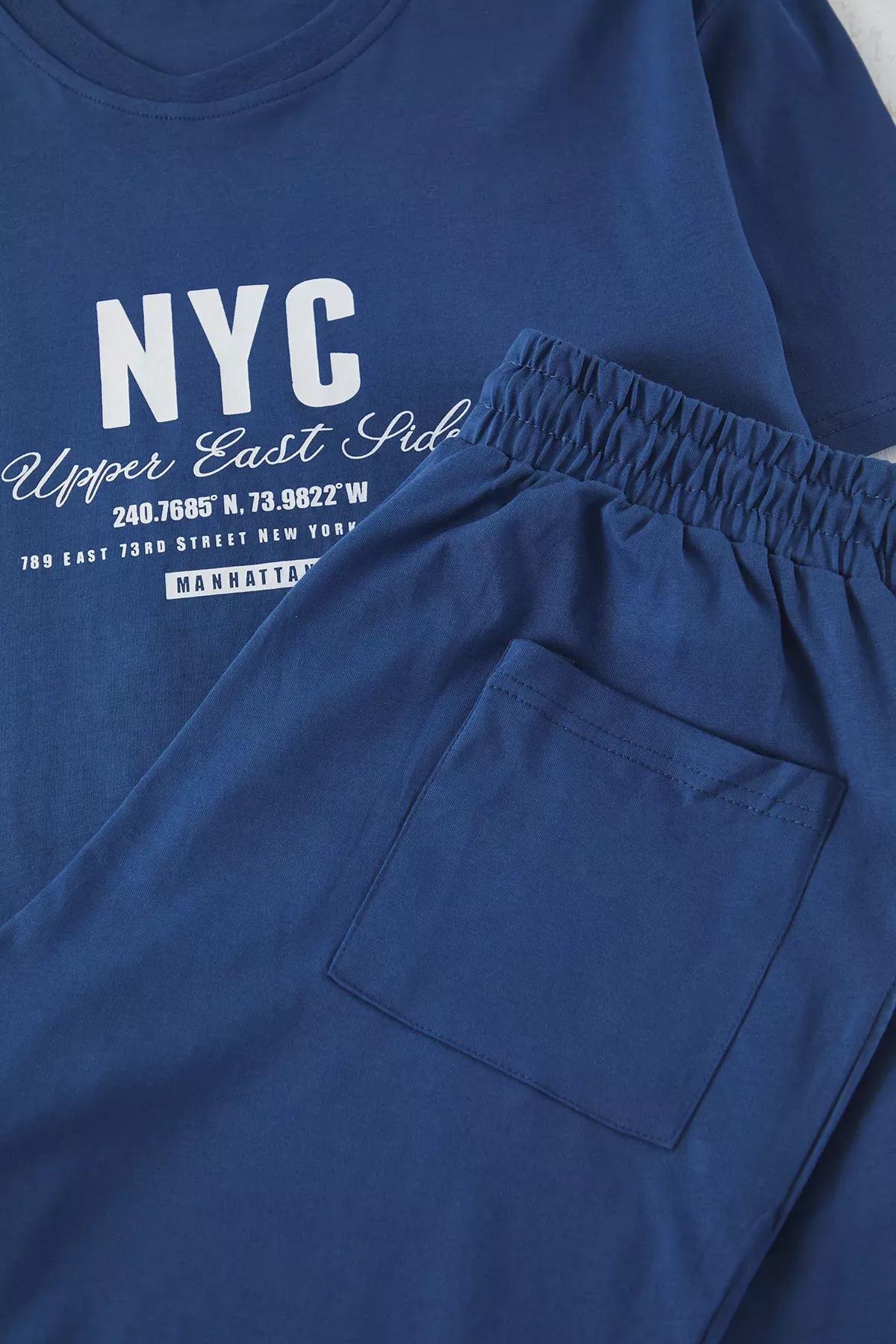Blue Printed Regular Fit Knitted Pajama Set, , large image number 1