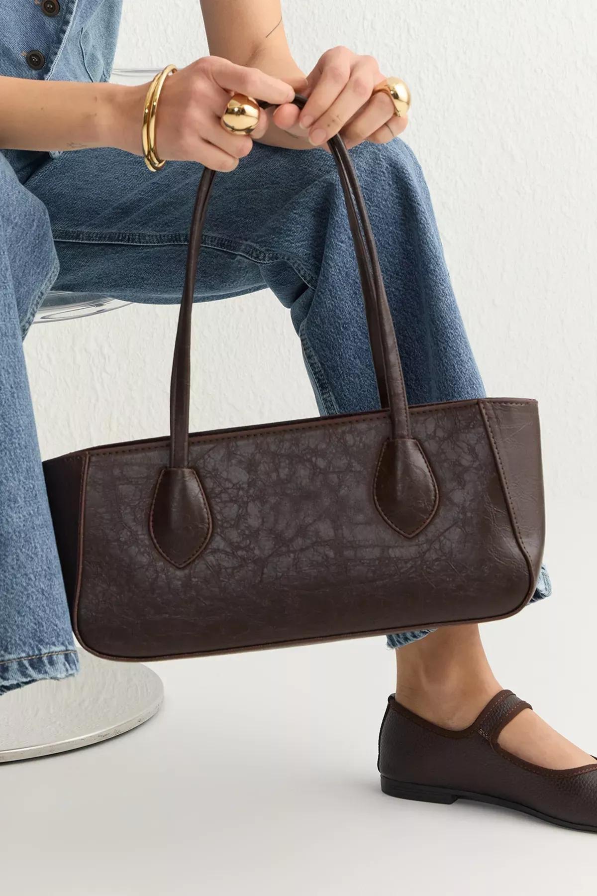 Brown Textured Shoulder Bag, Dark brown, large image number 0