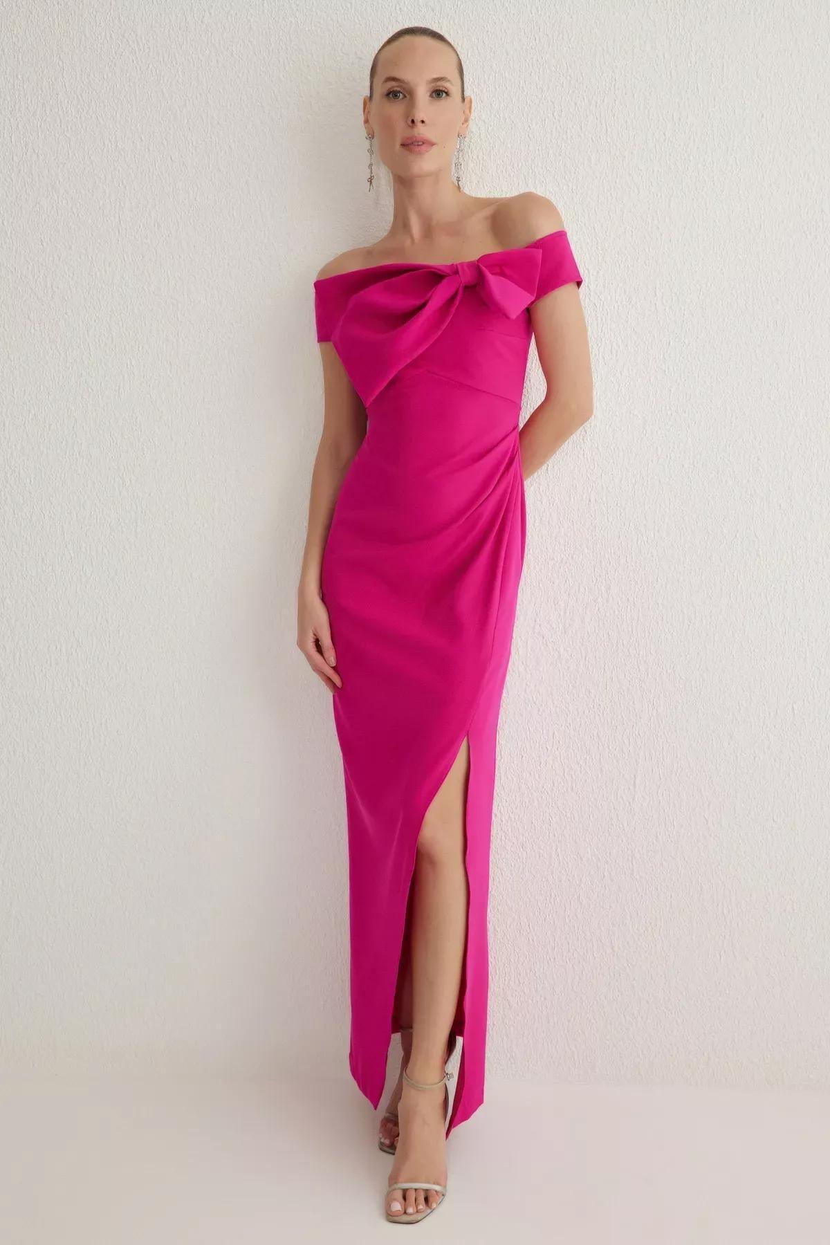 Pink Collared Woven Maxi Occasionwear Dress, Fuchsia, medium