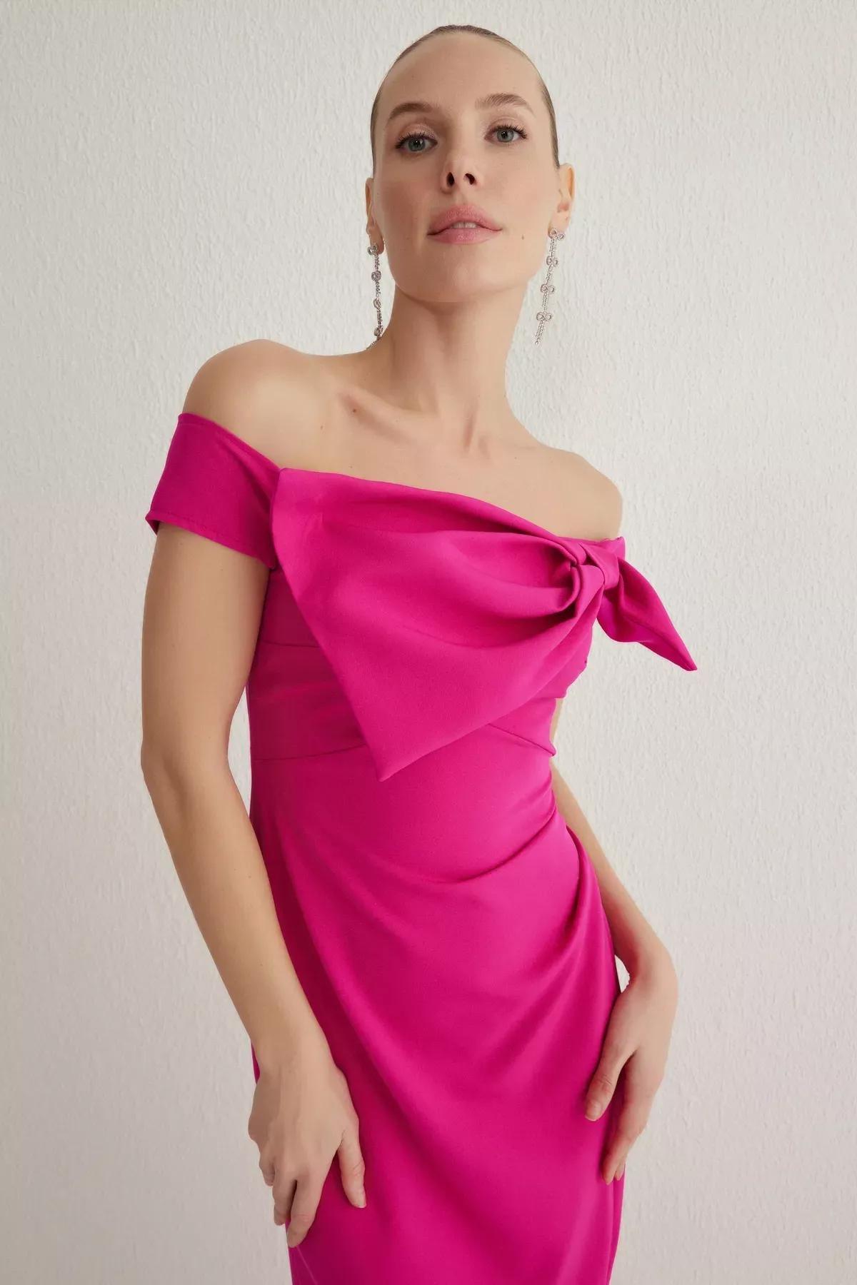 Pink Collared Woven Maxi Occasionwear Dress, Fuchsia, medium