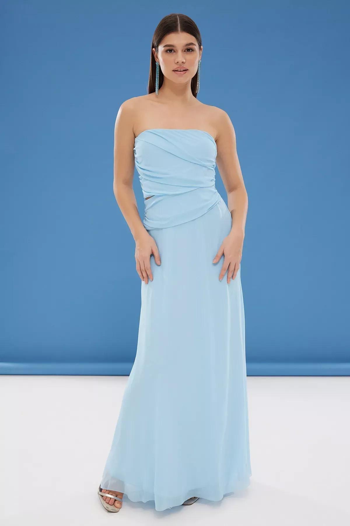 Blue A-Cut Tulle Knitted Occasionwear Dress, , large image number 0
