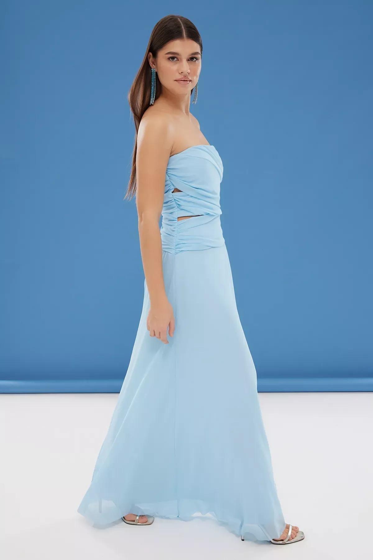 Blue A-Cut Tulle Knitted Occasionwear Dress, , large image number 1