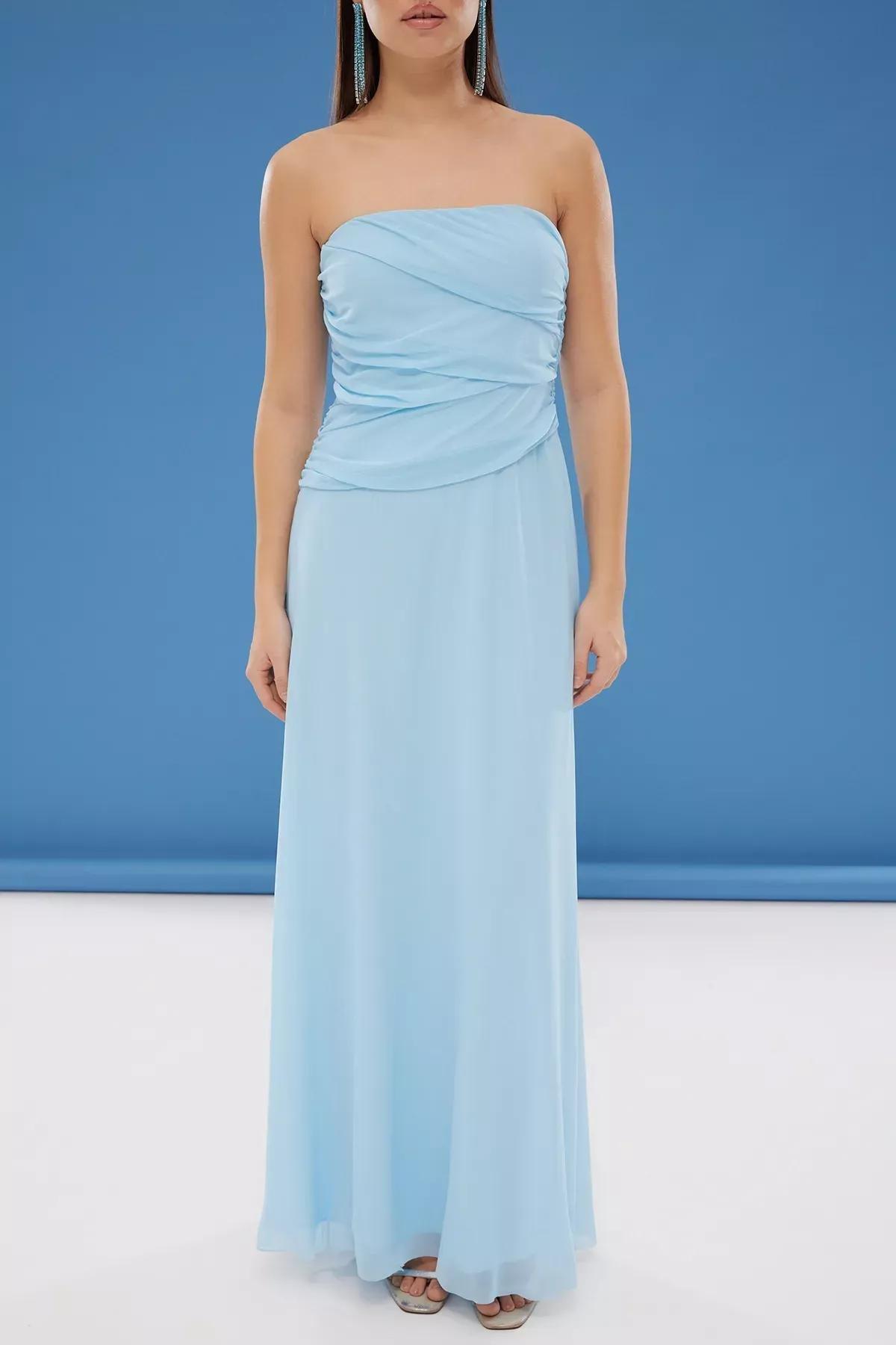 Blue A-Cut Tulle Knitted Occasionwear Dress, , large image number 2