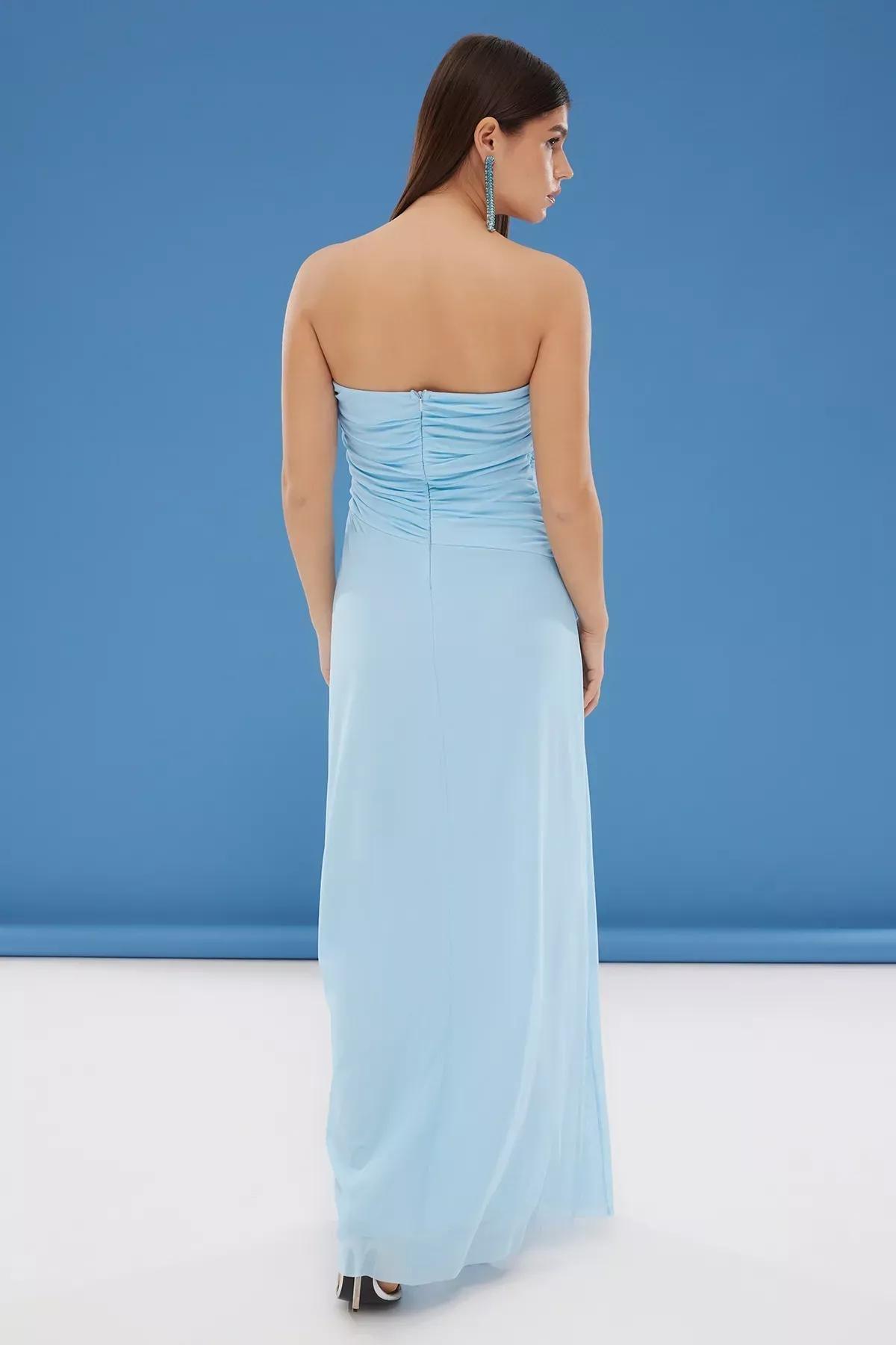 Blue A-Cut Tulle Knitted Occasionwear Dress, , large image number 4