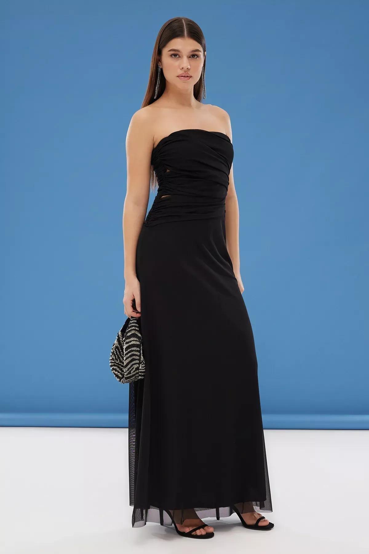 Black A-Line Detailed Tulle Long Occasionwear Dress, , large image number 0