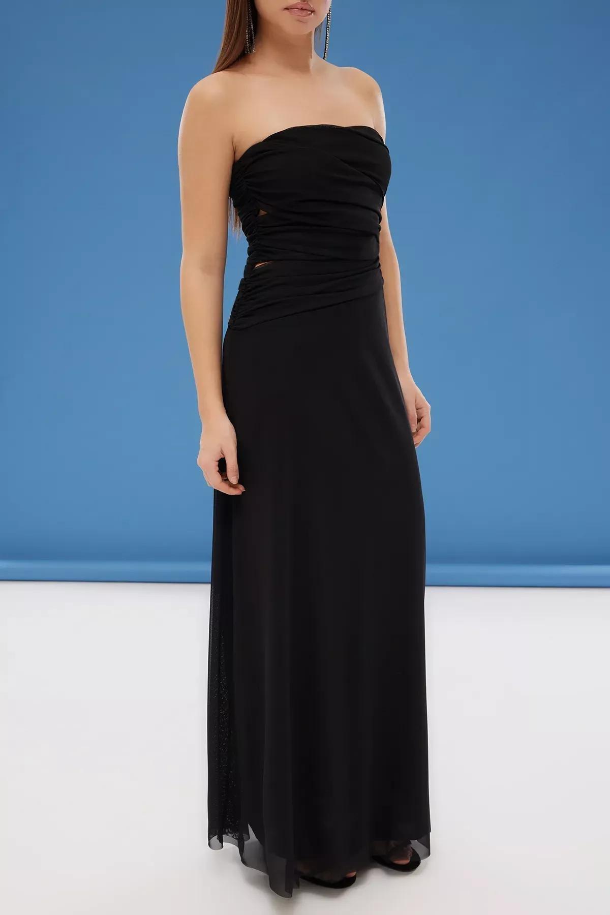 Black A-Line Detailed Tulle Long Occasionwear Dress, , large image number 2