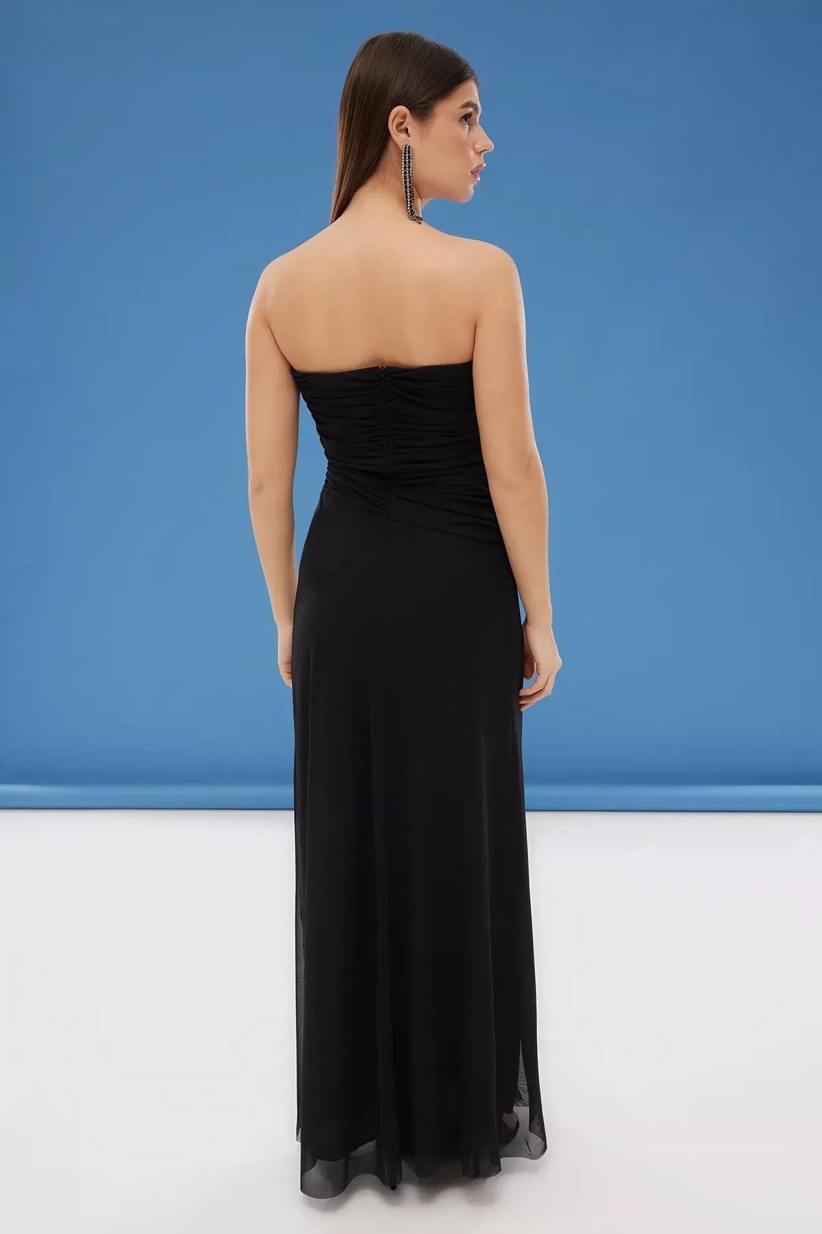 Black A-Line Detailed Tulle Long Occasionwear Dress, , large image number 4