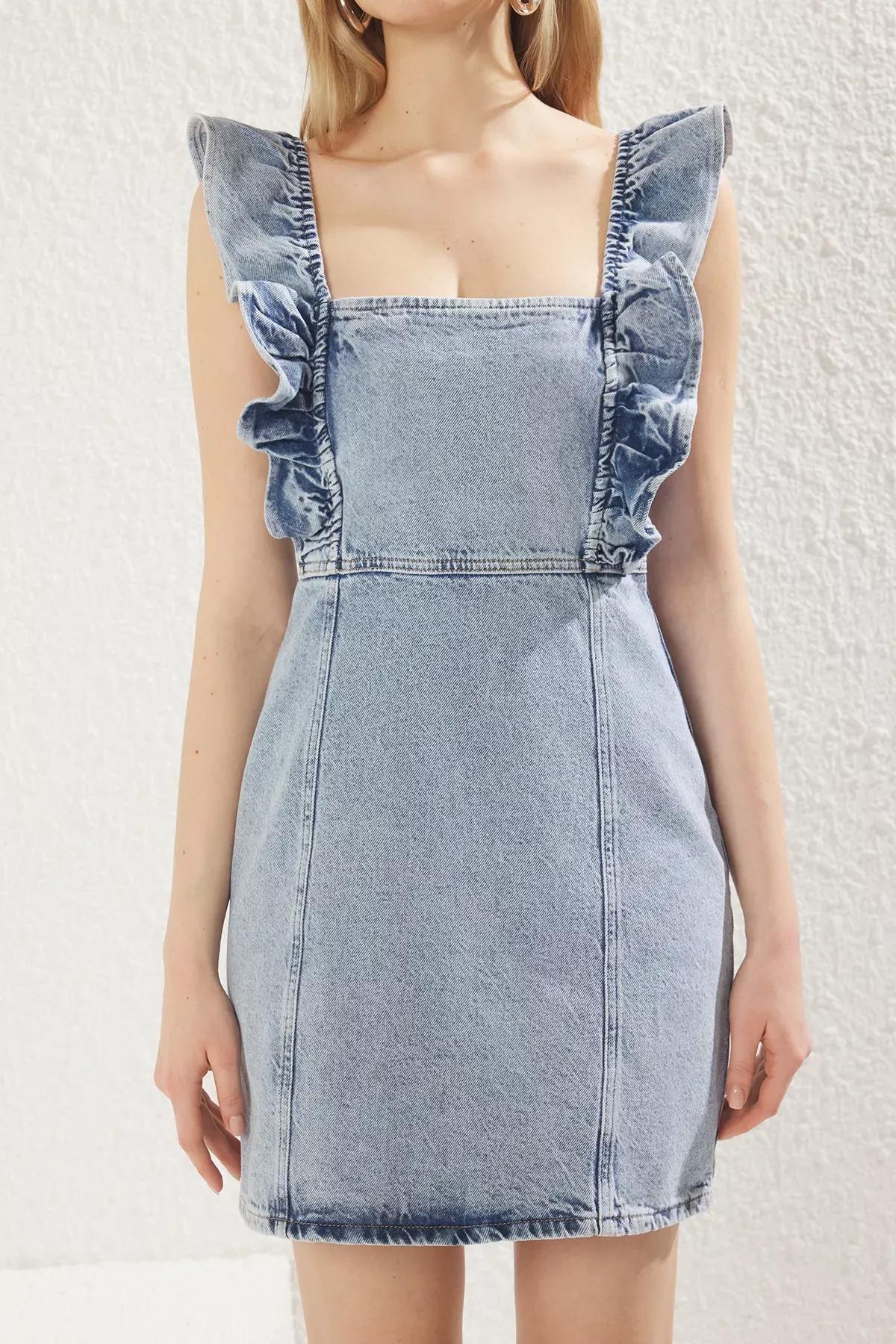 Blue Pleated Mini Denim Dress, , large image number 2