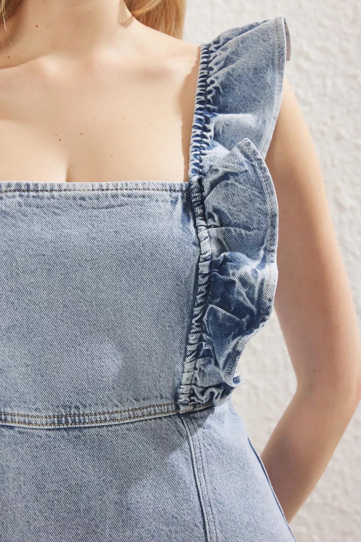 Blue Pleated Mini Denim Dress, , large image number 3