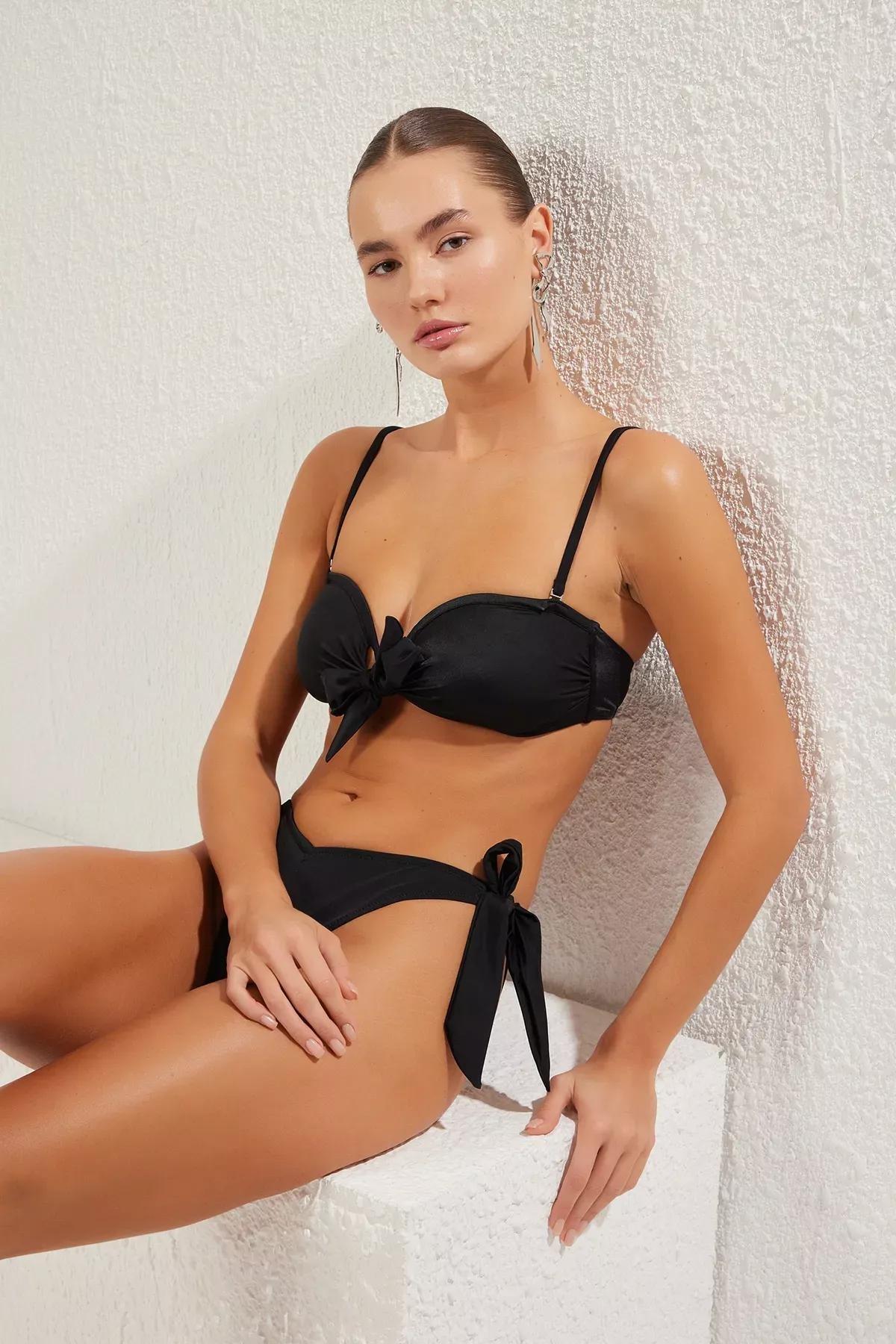 Black Strapless Tied V-Cut Bikini Set, , large image number 0
