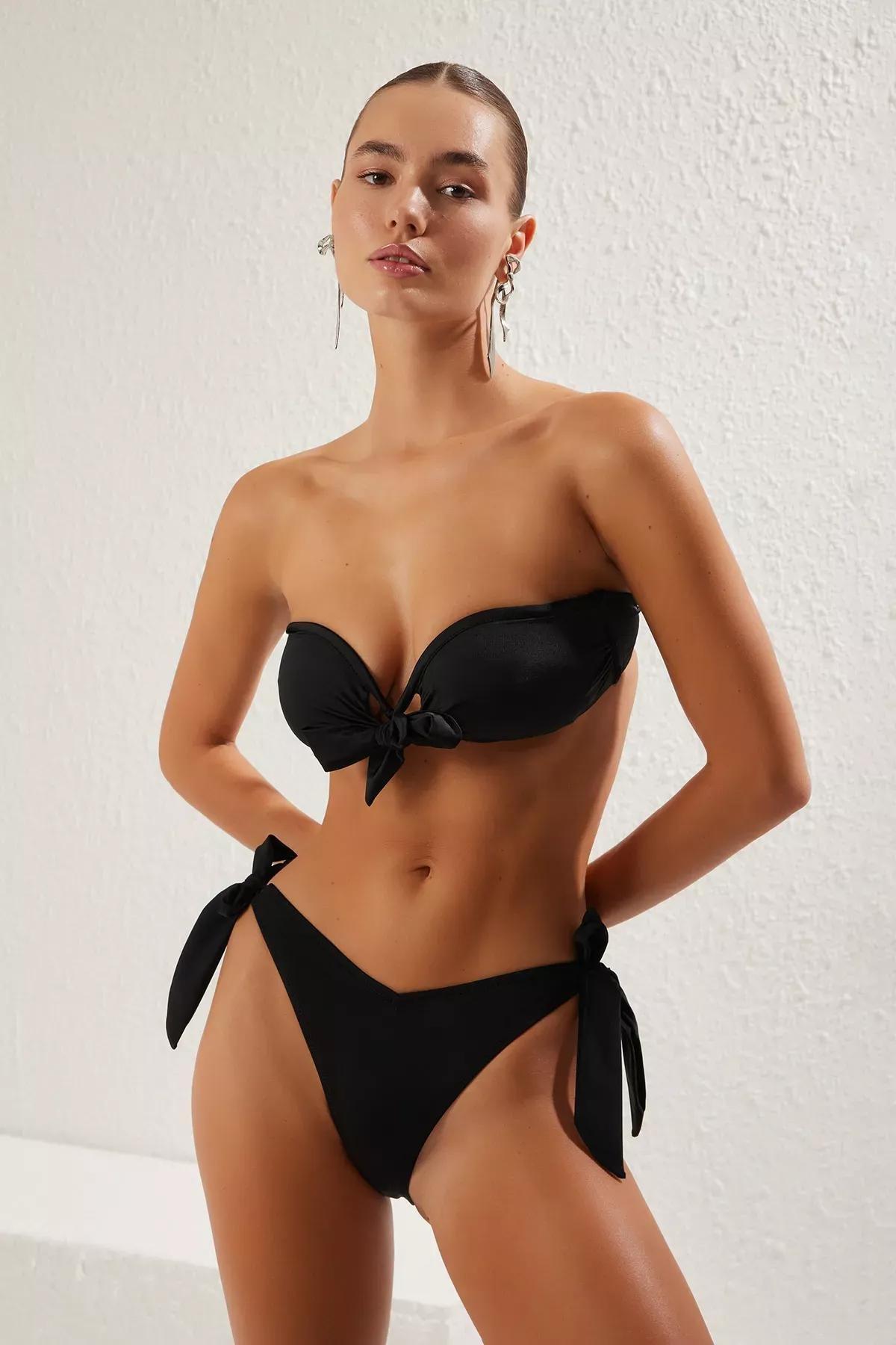 Black Strapless Tied V-Cut Bikini Set, , large image number 1