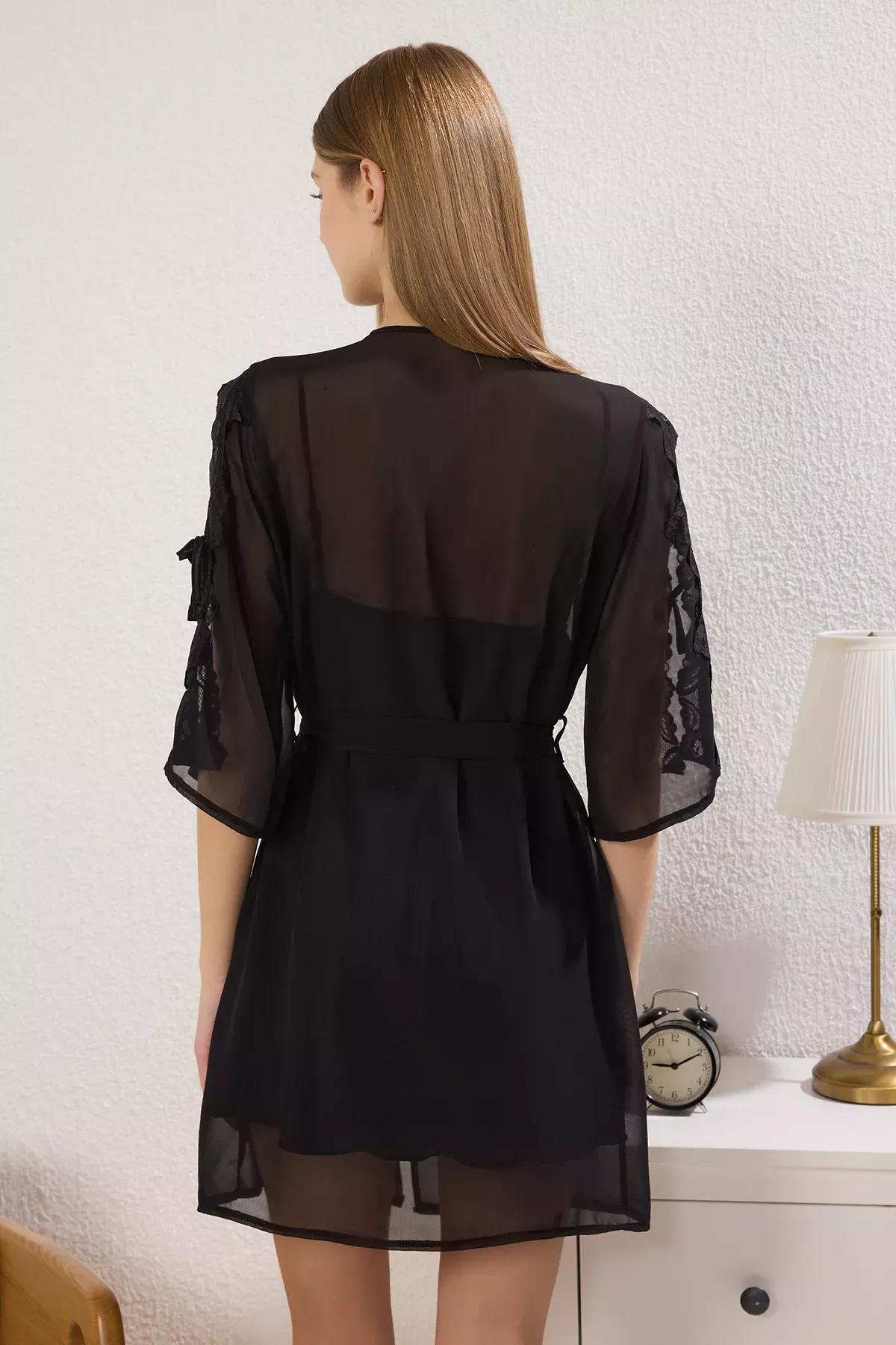 Black 2-Piece Lace Ribbon Satin Dressing Gown Set, , large image number 4