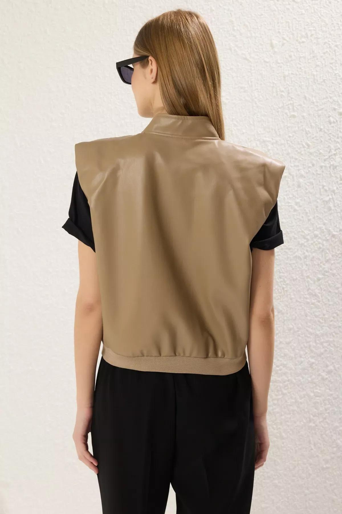 Grey Regular Faux Leather Vest, Mink, large image number 3