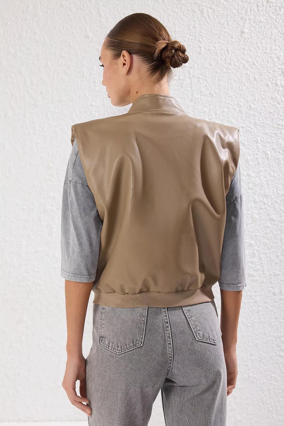 Grey Regular Faux Leather Vest, Mink, large image number 6